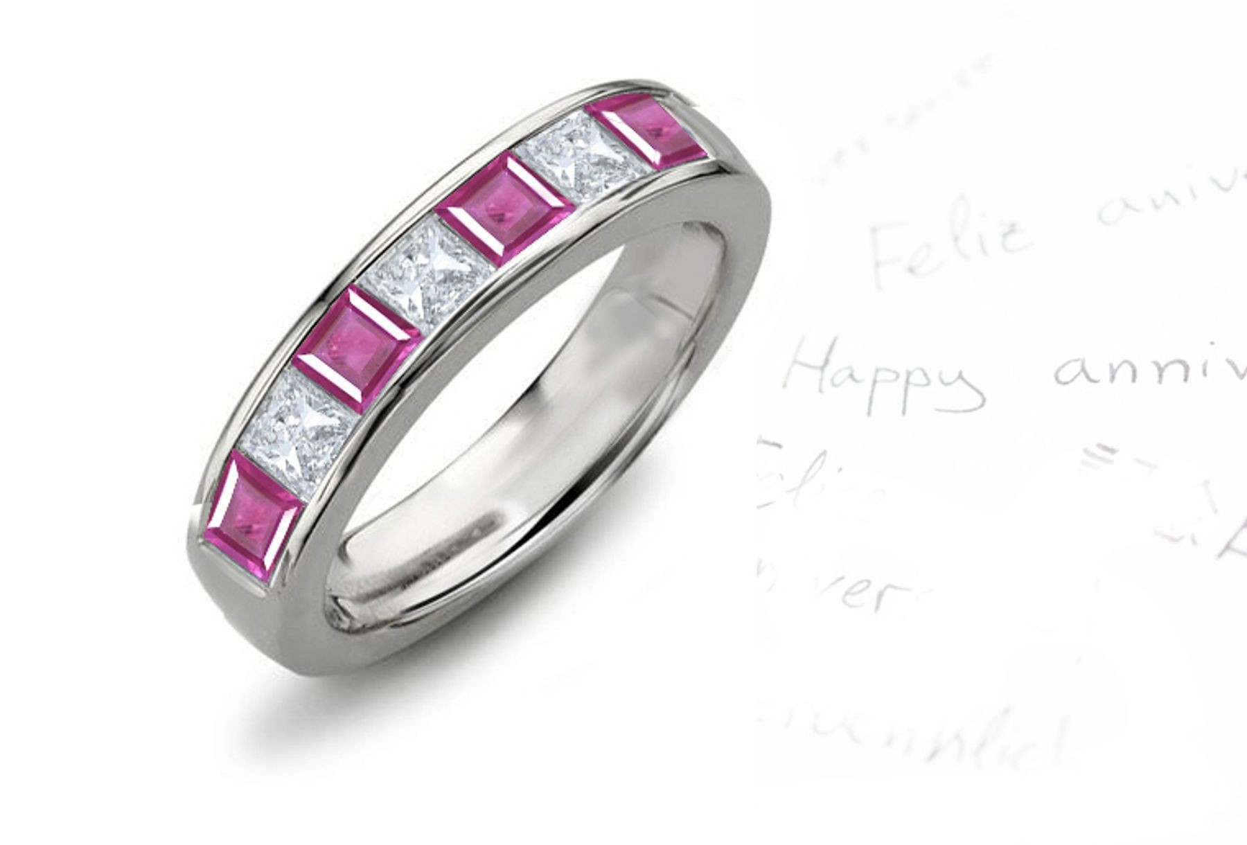 Square Pink Sapphire and Diamond Seven-Stone Band Ring 