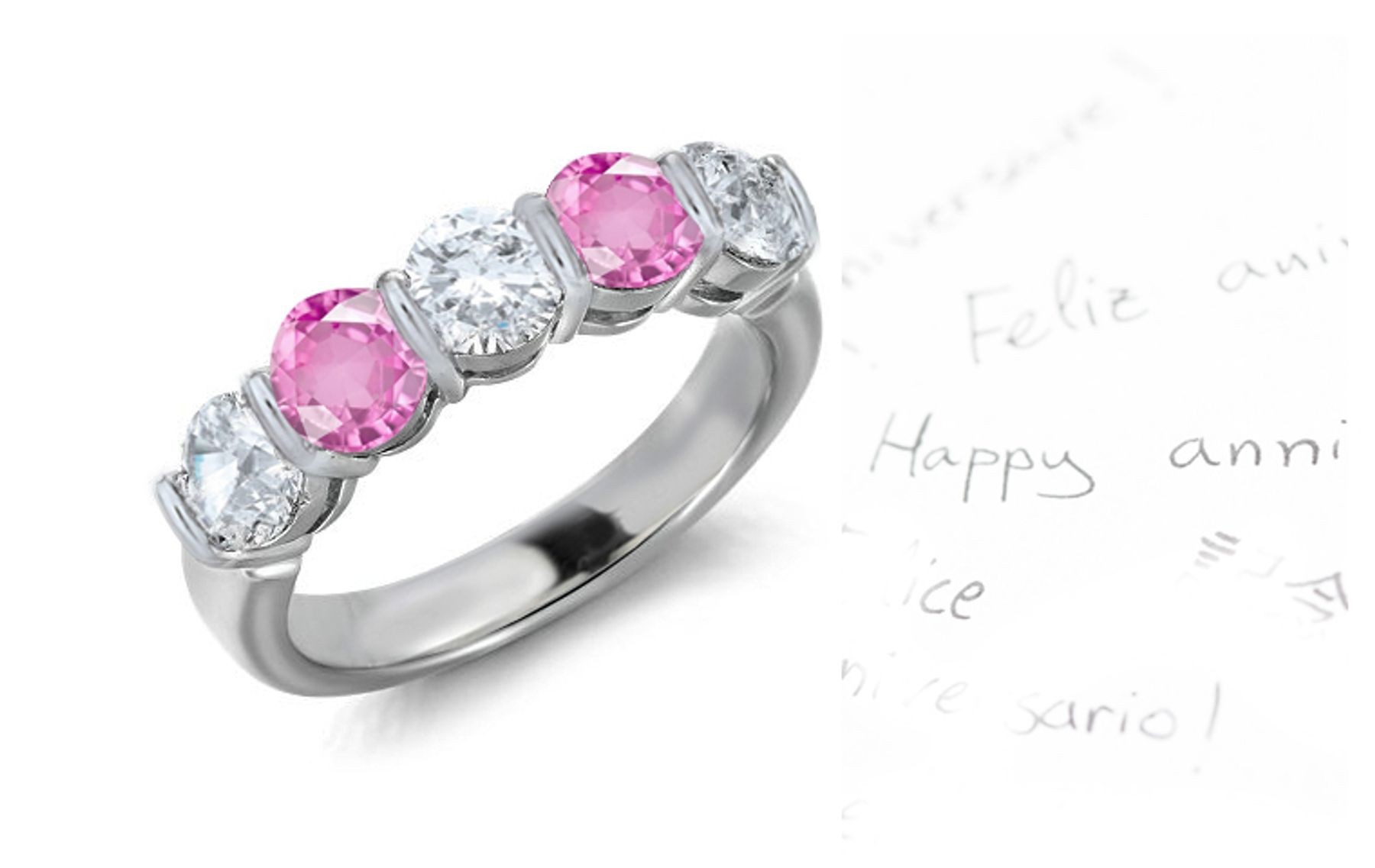 Pink Sapphire & Diamond 5 Stone Bar Set Wedding Rings