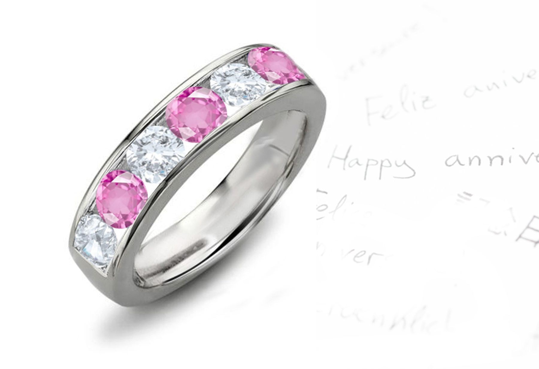 Pink Sapphire & Diamond Six Stone Ring