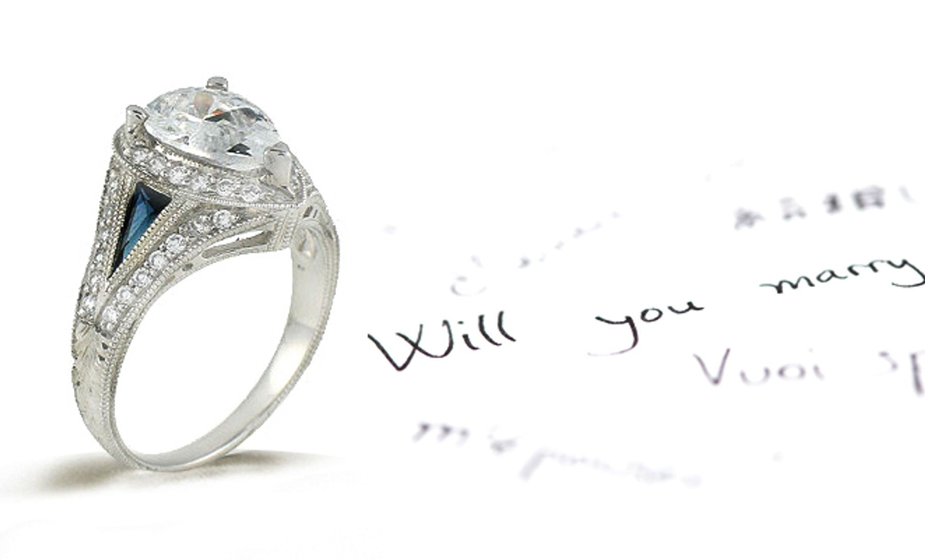 14K White Gold Hand Engraved Filigree Engagement Setting