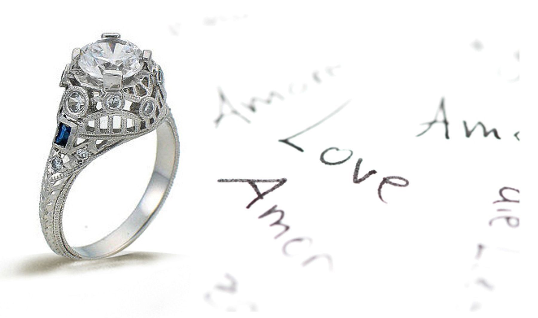 Platinum Hand Engraved Filigree Engagement Ring