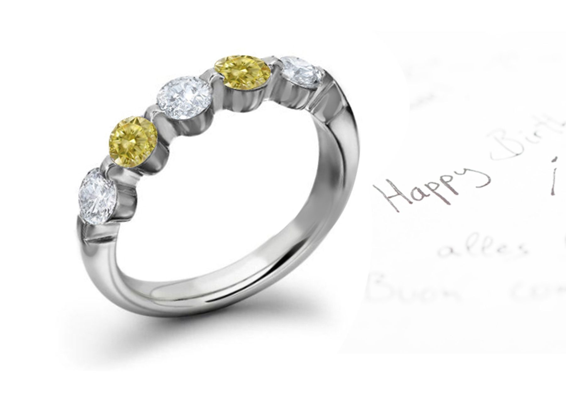Premier Colored Diamonds Designer Collection - Yellow Colored Diamonds & White Diamonds Fancy Diamond Five Stone Wedding & Anniversary Rings