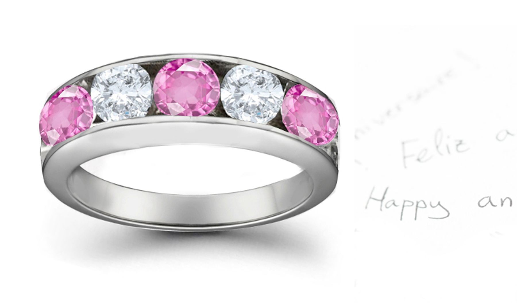 Five Stone Rings: Pink Sapphire Diamond Round Cut Half Eternity Bands.