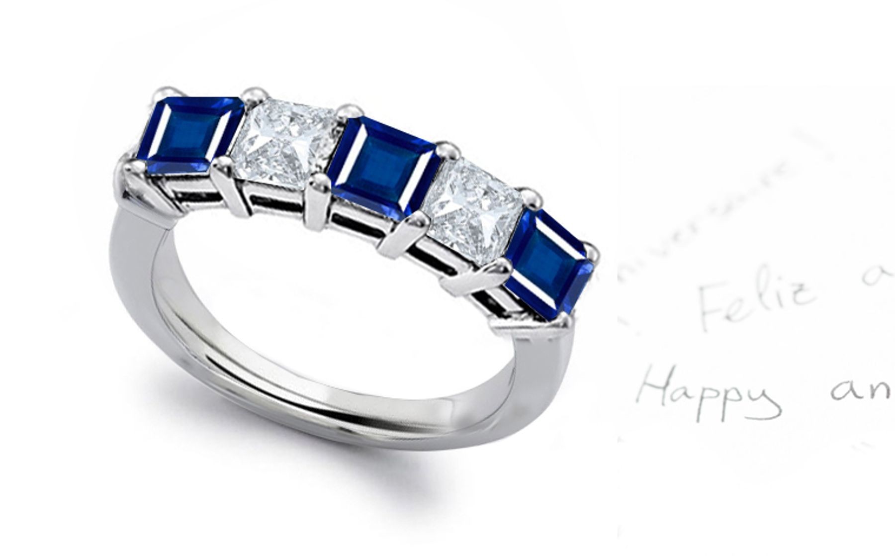 Square Blue Sapphire and Diamond Five-Stone Band Ring in 18k White Gold 