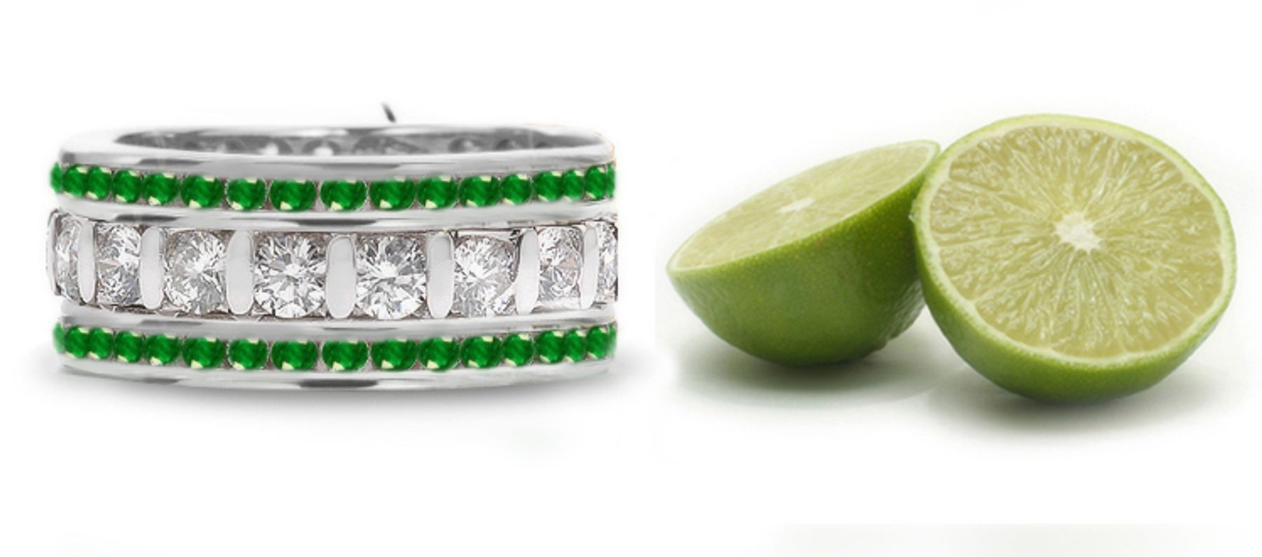 Craftsmanship: Latest Design Triple Bar Set Diamond & Emerald Band Bordered with 2 Rows of Emeralds in Platinum