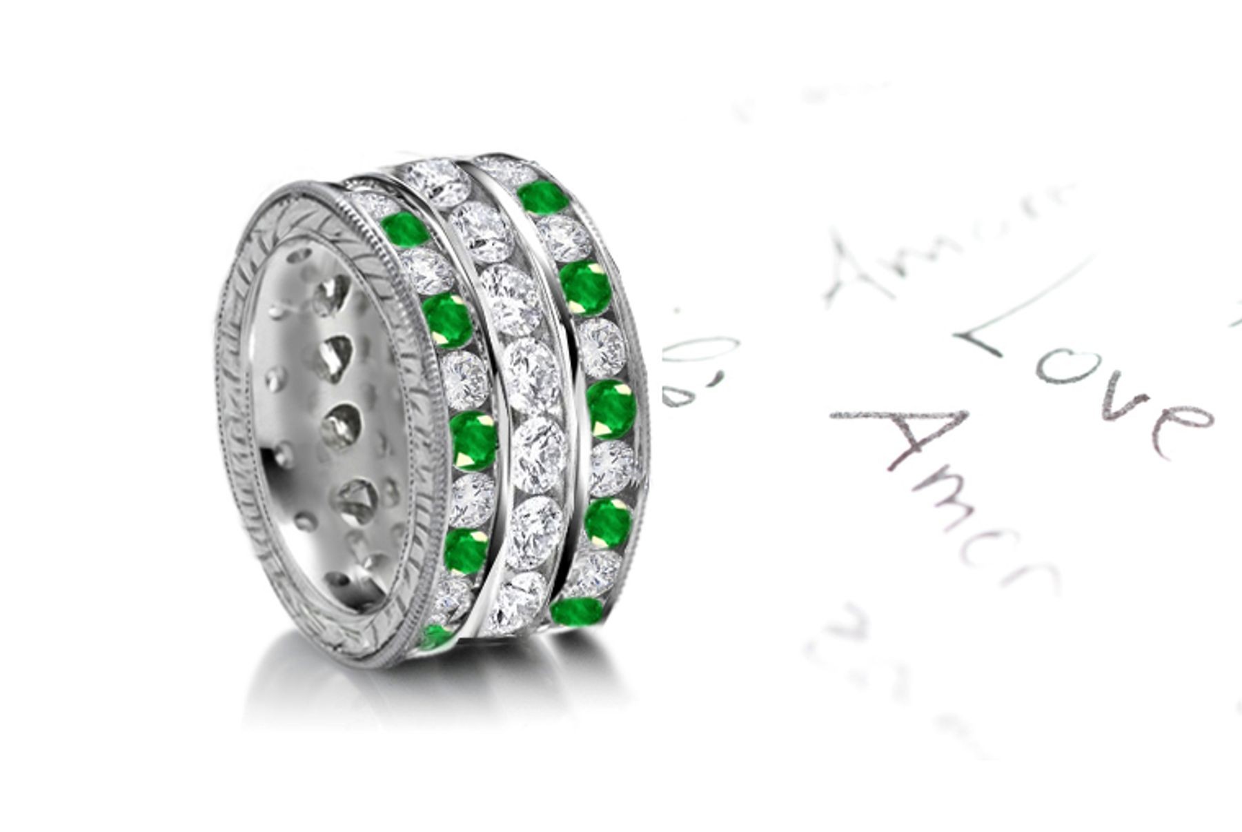 History of Jewels: Cocktail Emerald & Brilliant Diamond Wedding Band in Gold mounting