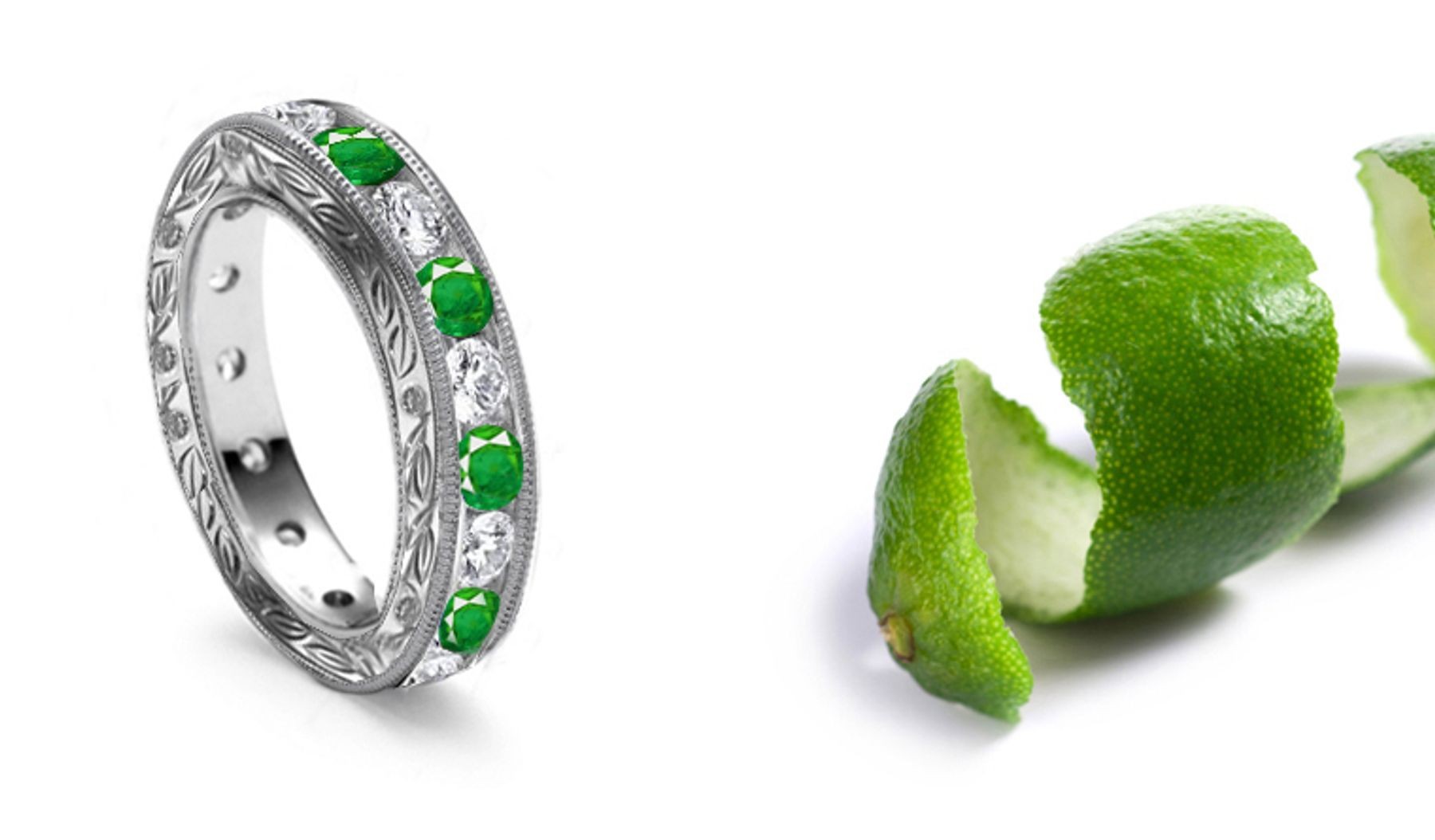 Renowned Emeralds: Intricate Floral & Leaf Scrolls Motifs Hand Engraved Emerald Diamond Band Made As Desired Quickly