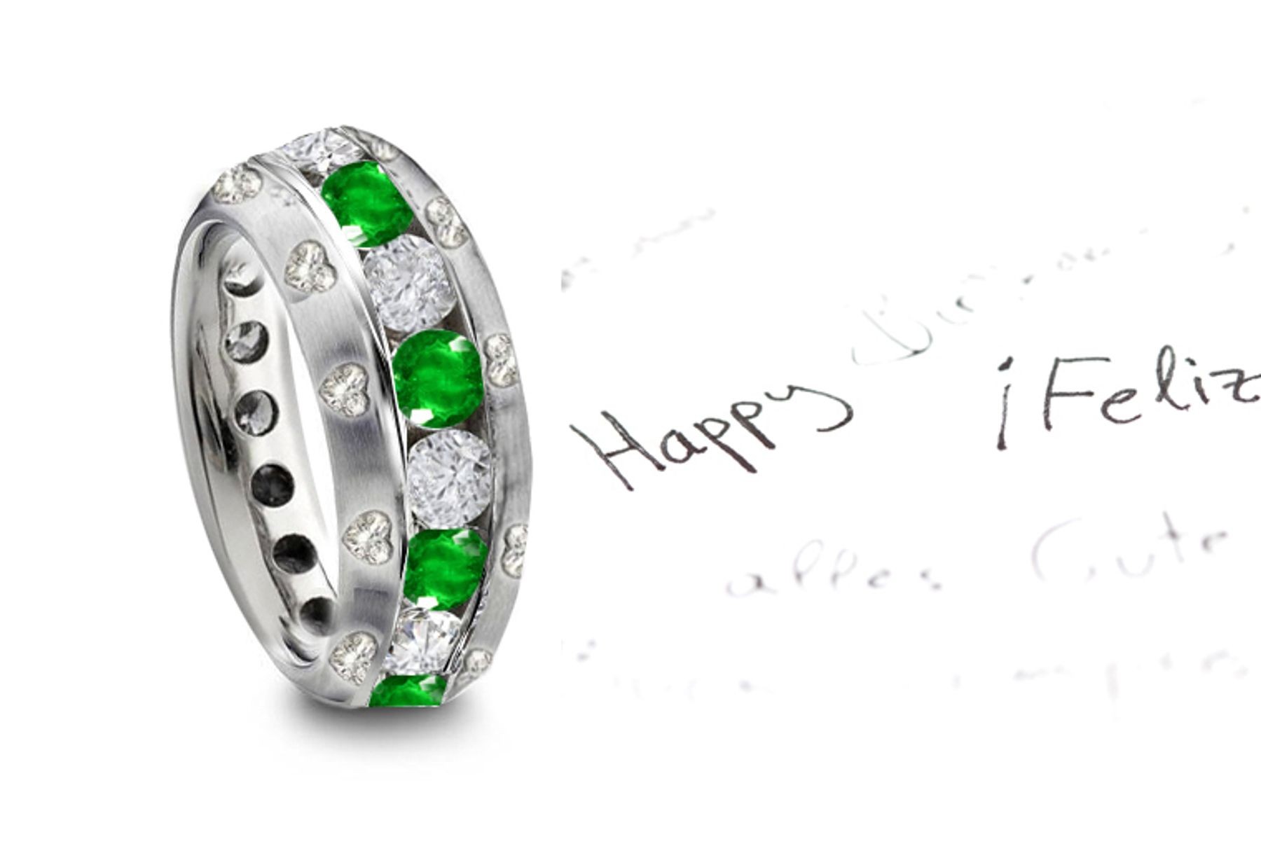Emerald & Diamond Band with Burnish Set Heart Diamonds in Gold in Current Stock