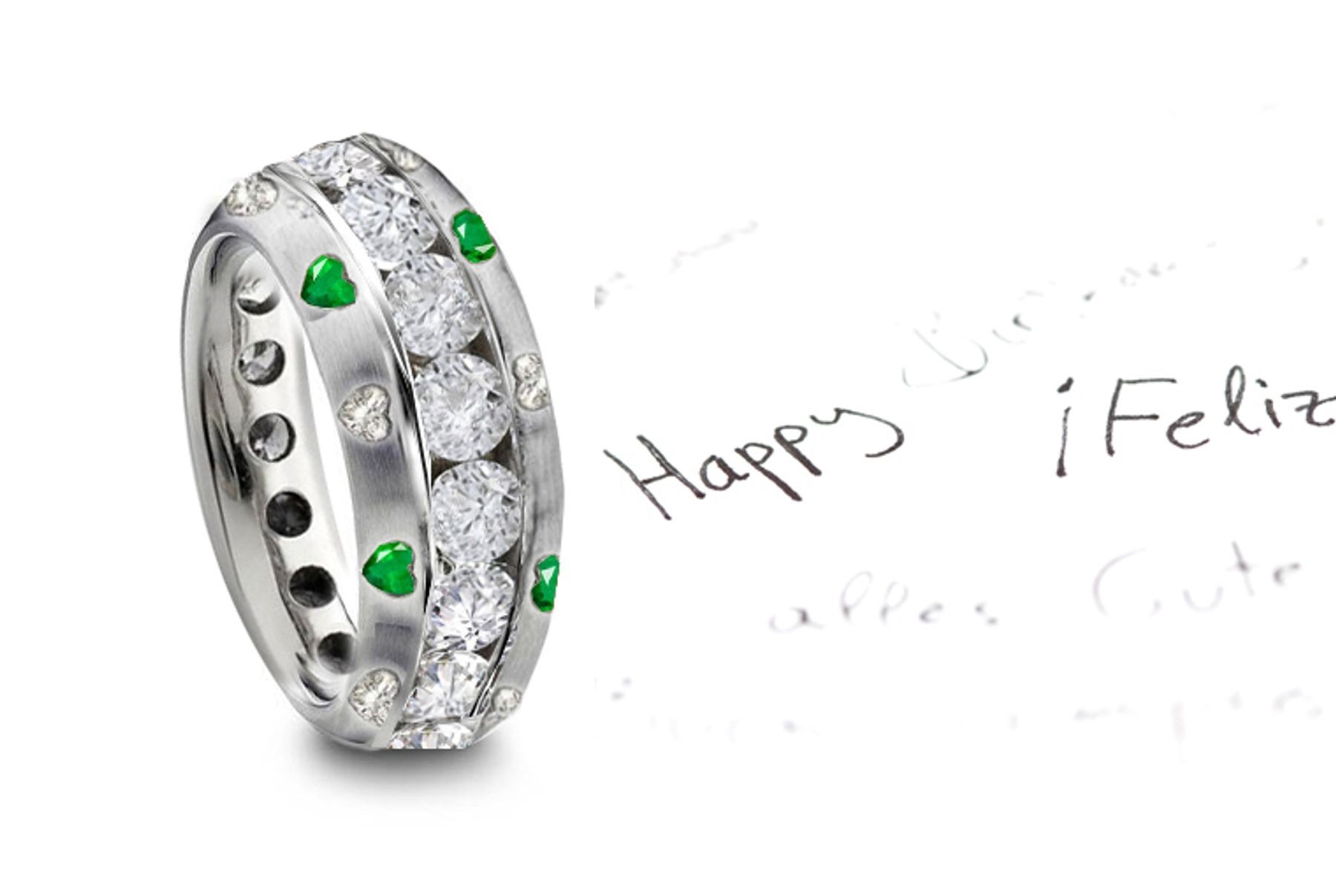 Diamond Band with Burnish Set Heart & Emerald Diamond in Platinum & Gold In Stock