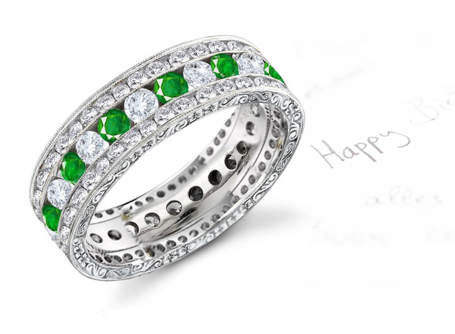 Brilliantly Colored: 6 mm Wide Three Row Engraved Emerald & Diamond Band in 14K Gold