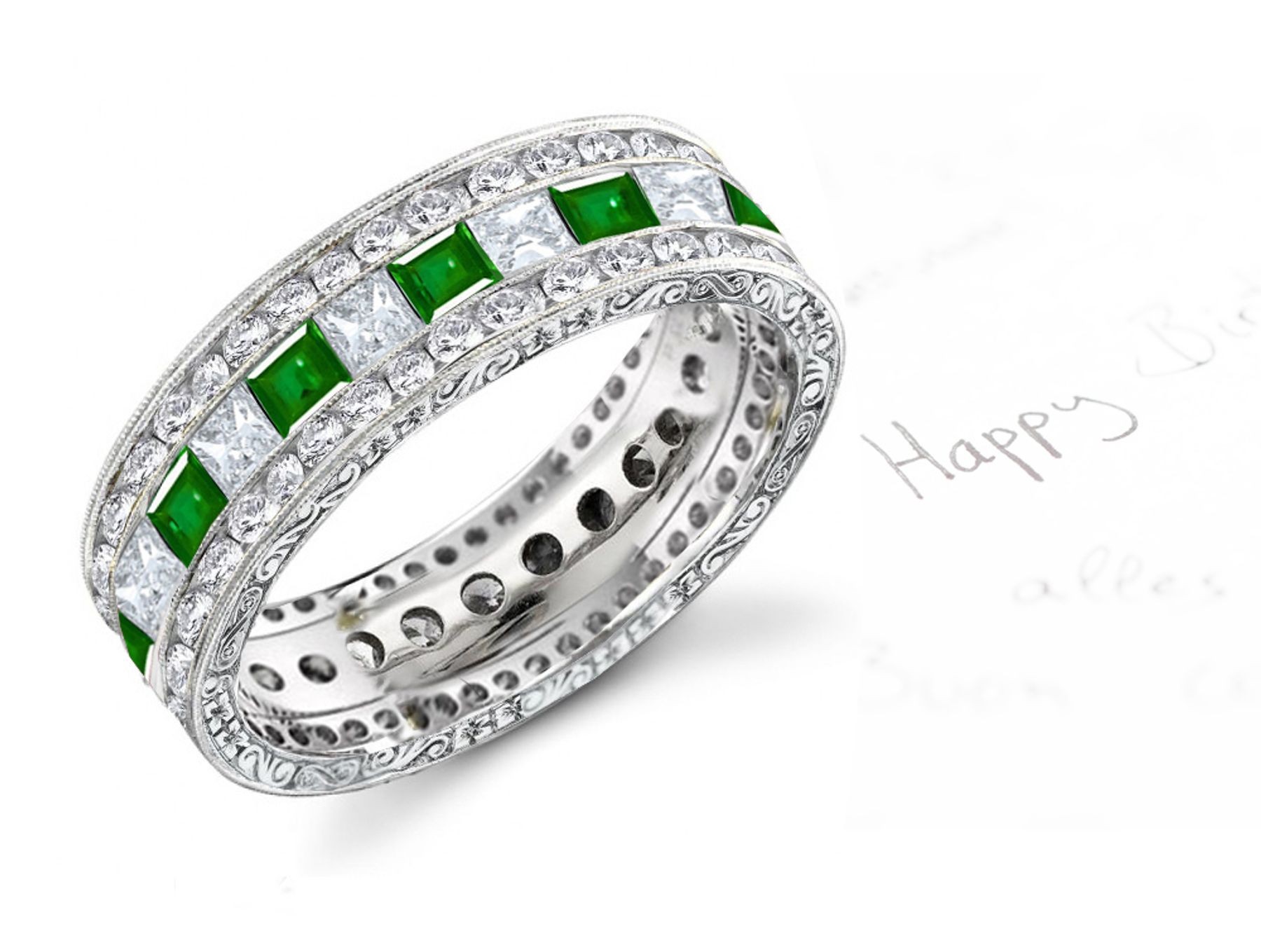 Transparent & Translucent: 6 mm Wide Three Row Engraved Emerald & Diamond Band