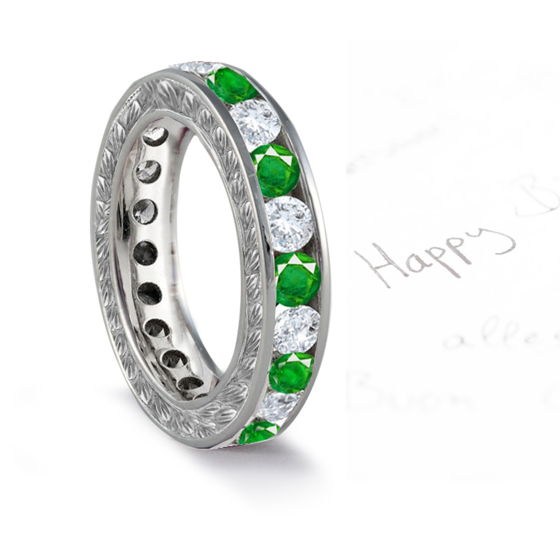 Color & Brilliancy: Round Emerald & Diamond Wedding Band with Foliate Scrolls Motifs