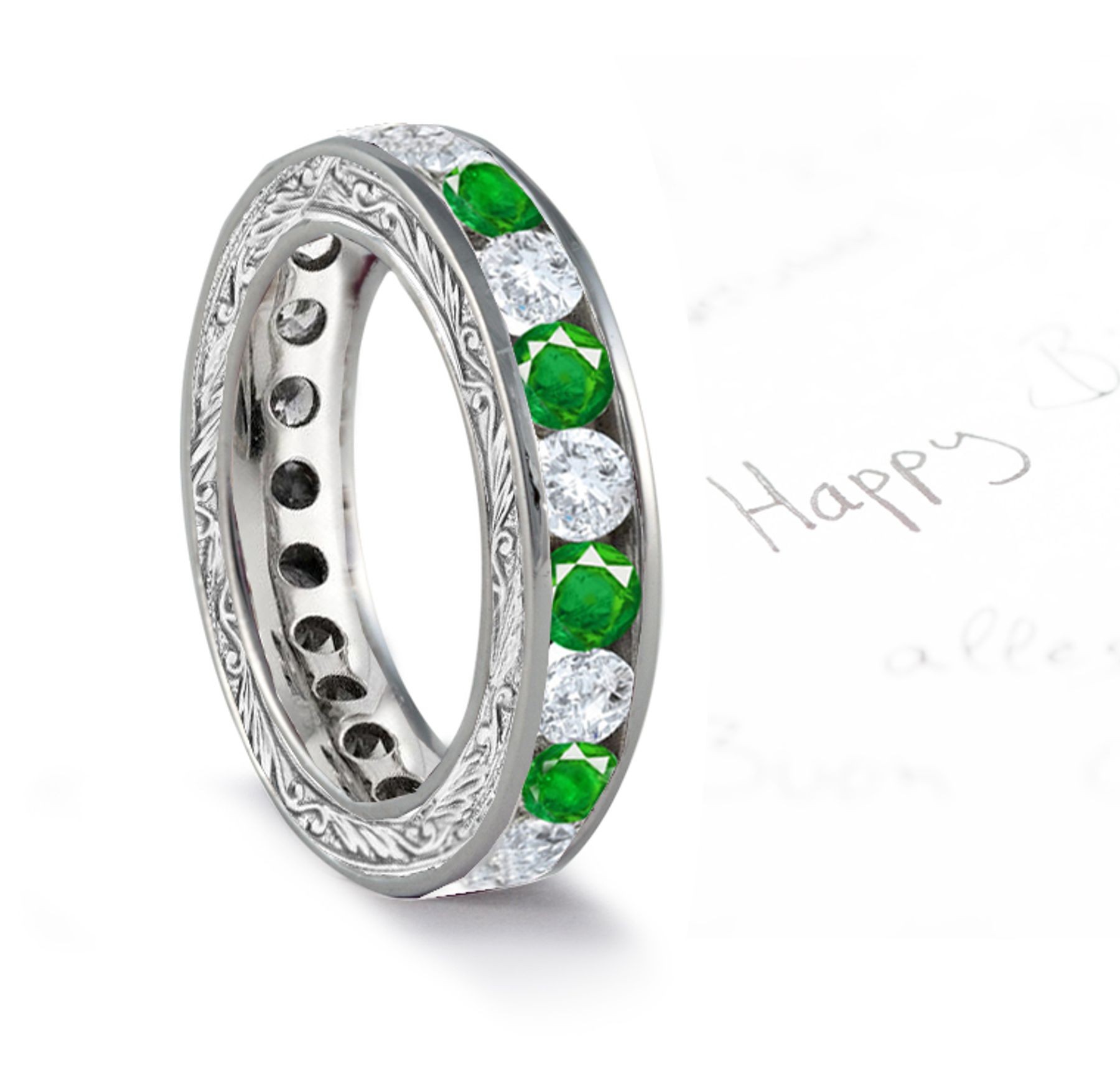 Perfect Gathering: Antique Emerald & Diamond Wedding Band in Gold with Foliate Scrolls & Motifs Quickly Made in Gold