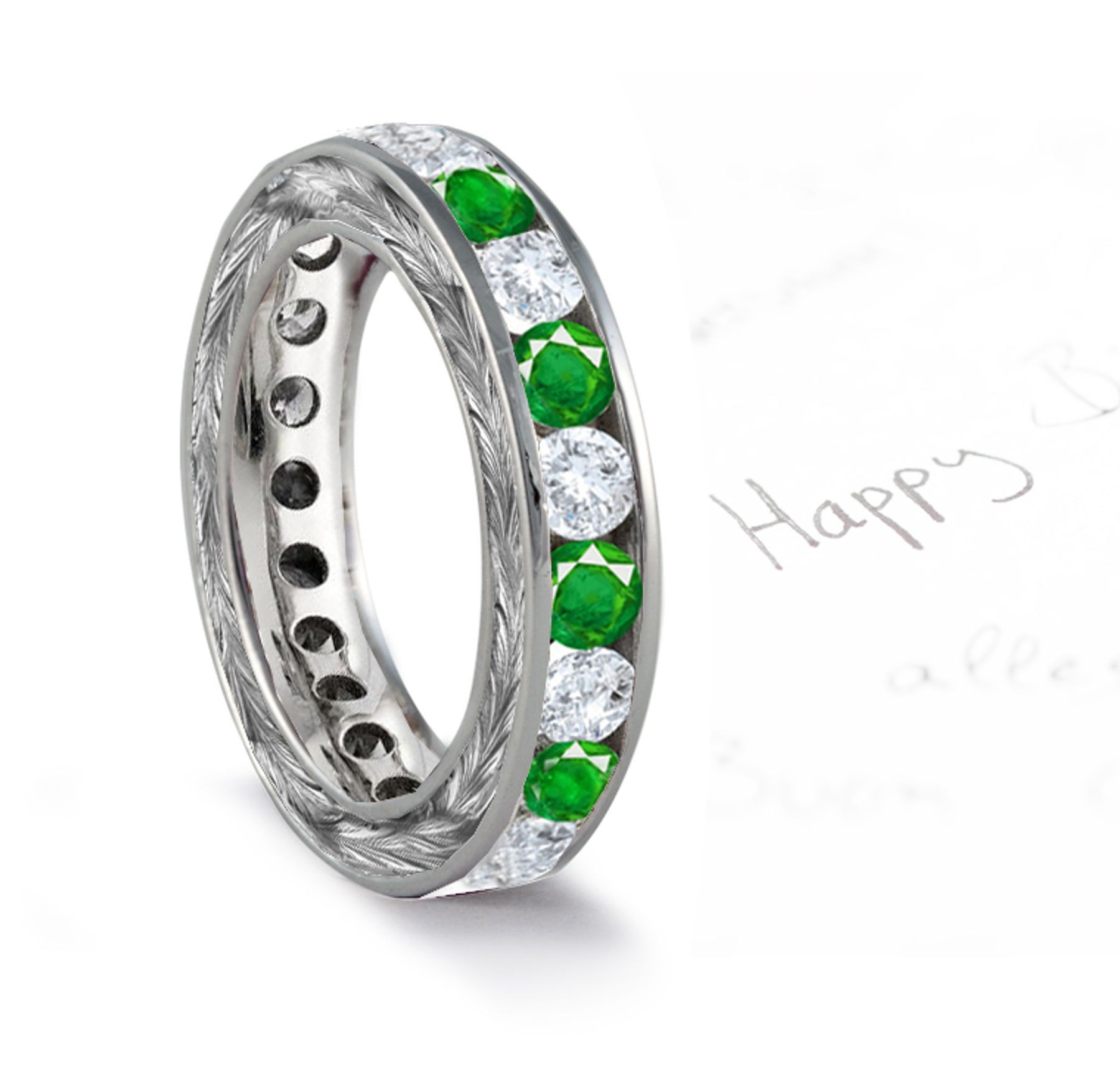 Brilliant & Colored: Vintage Emerald & Brilliant Diamond Platinum Band with Foliate Scrolls & Motifs Specially Made