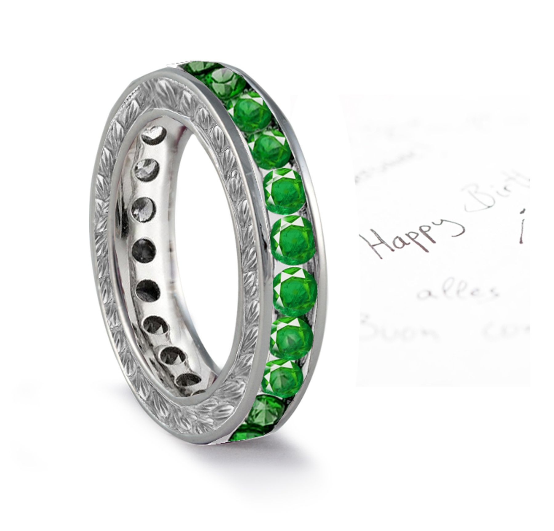 Attention & Admiration: Vintage Engraved Wedding Band Entirely Made of Round Vibrant Green Emeralds in Platinum or Gold