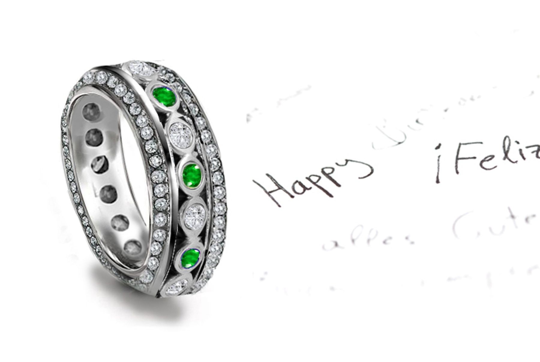 Popular DESIGNS: LATEST! Emerald Diamond 3 Row Cocktail Wedding Band With Its Complimentary Blue-Green Exalted To The Point of Bright