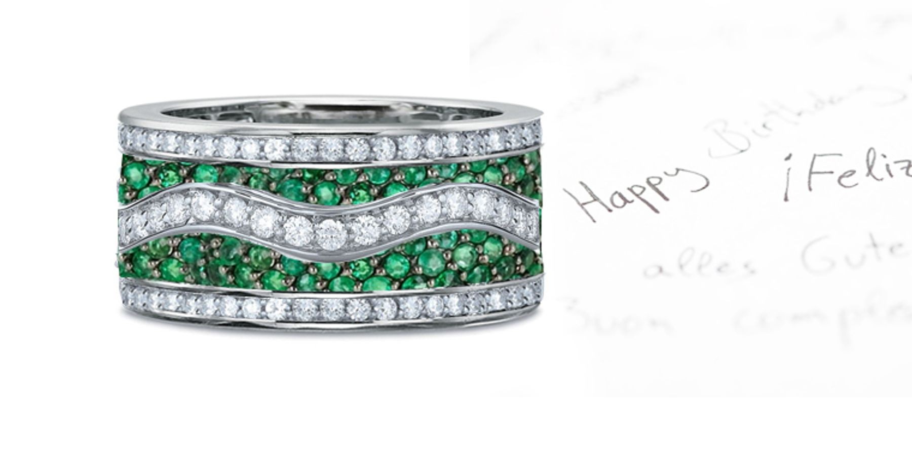 UNUSUAL DESIGN: Designer 6 mm Wide Micropave Diamond Emerald Single Wave Band