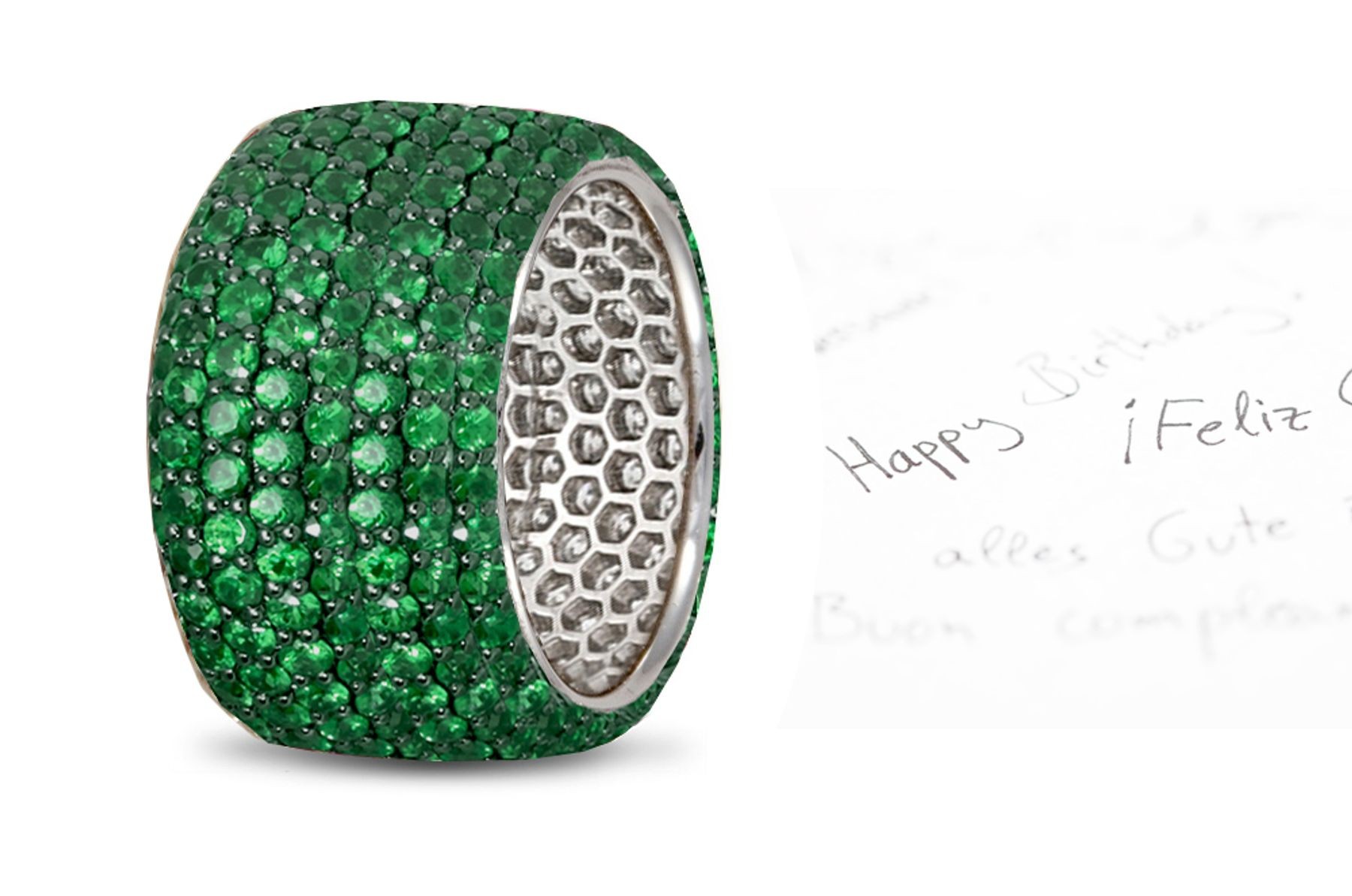RECENTLY MADE ITEM: Huge Emerald 8 Emerald Rows "Paved" Platinum Band in Ring Size 3 to 8