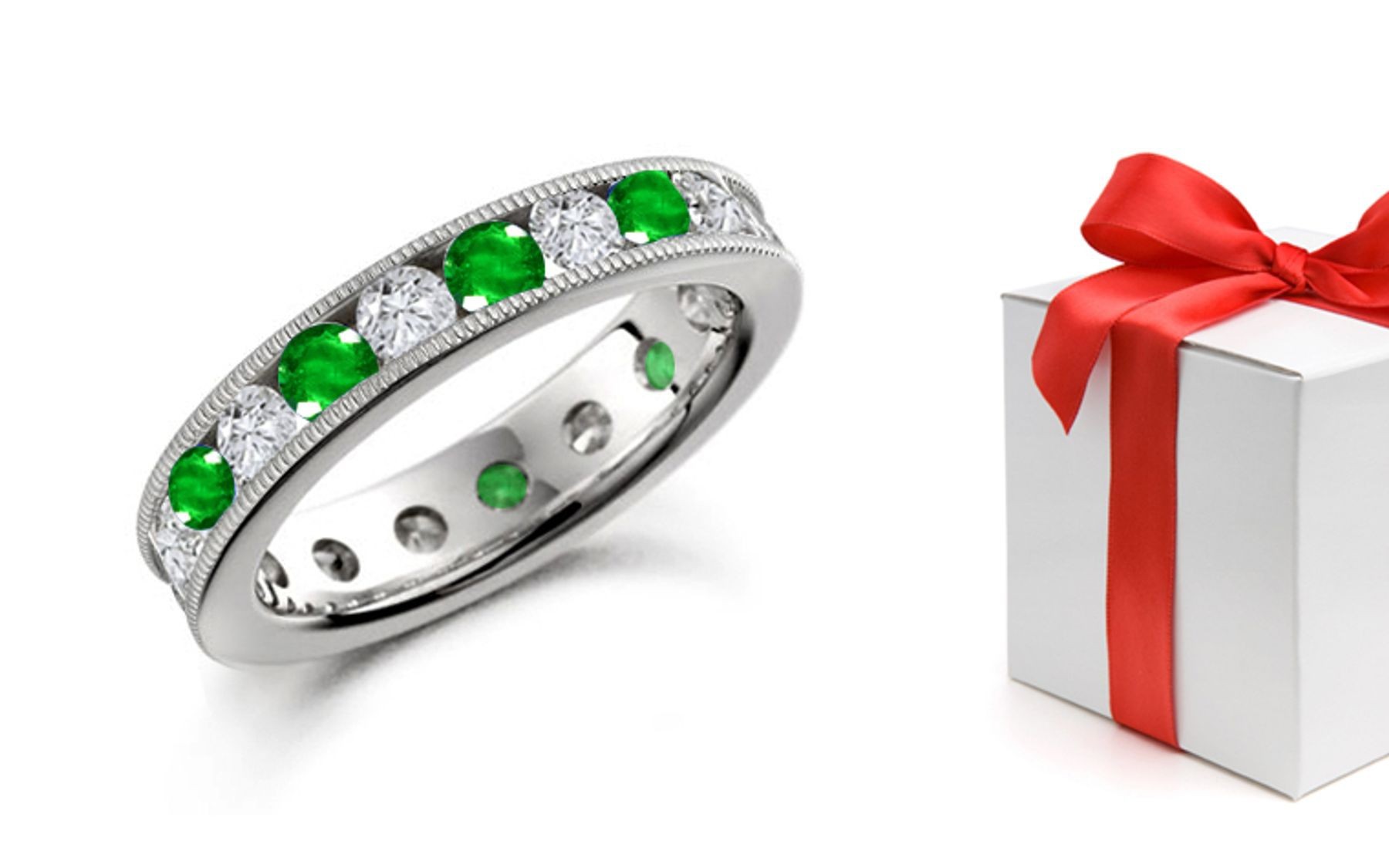 ORIGINAL DESIGN: Channel Set Gold Emerald & Diamond Eternity Ring in Star Lit Platinum & Yellow & White 14k Gold