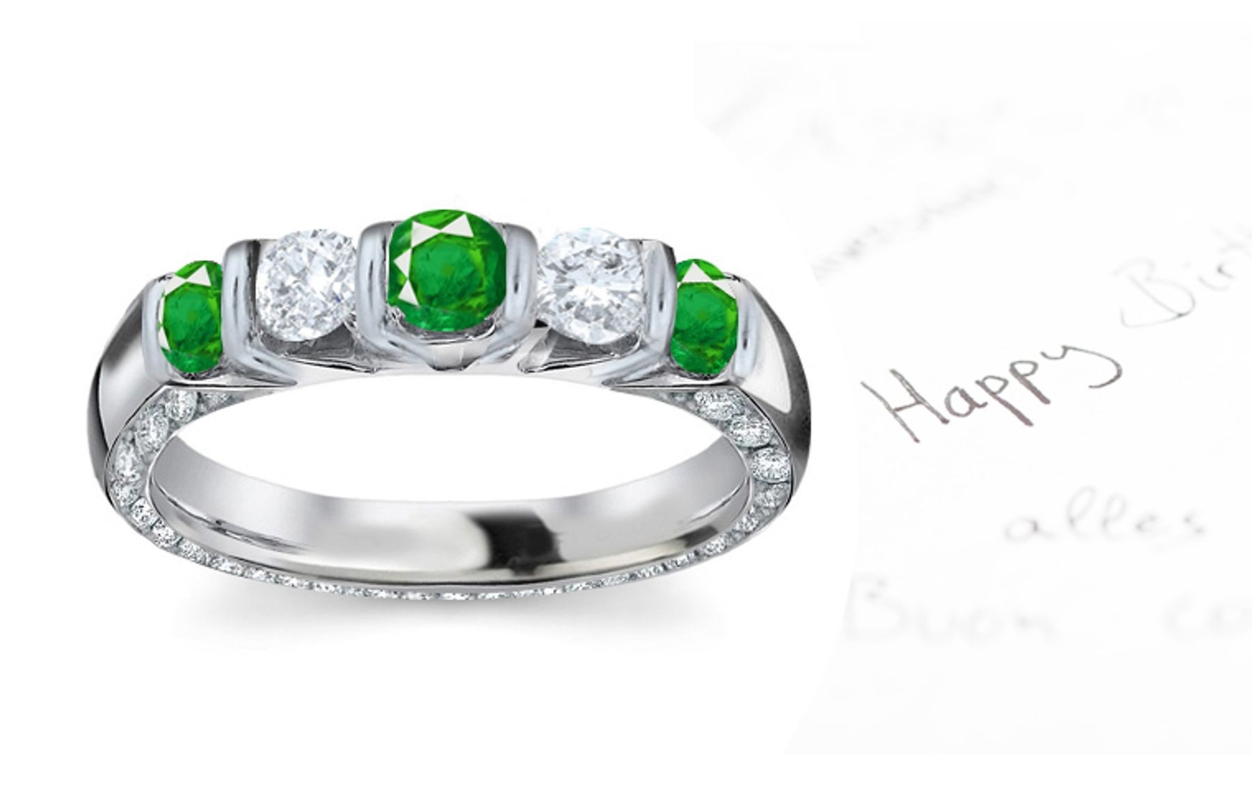 RICHER FANCY GOODS: 5 Stone Diamond & Emerald Anniversary Halo Band in Sun Lit Yellow, White and Rose 14k Gold