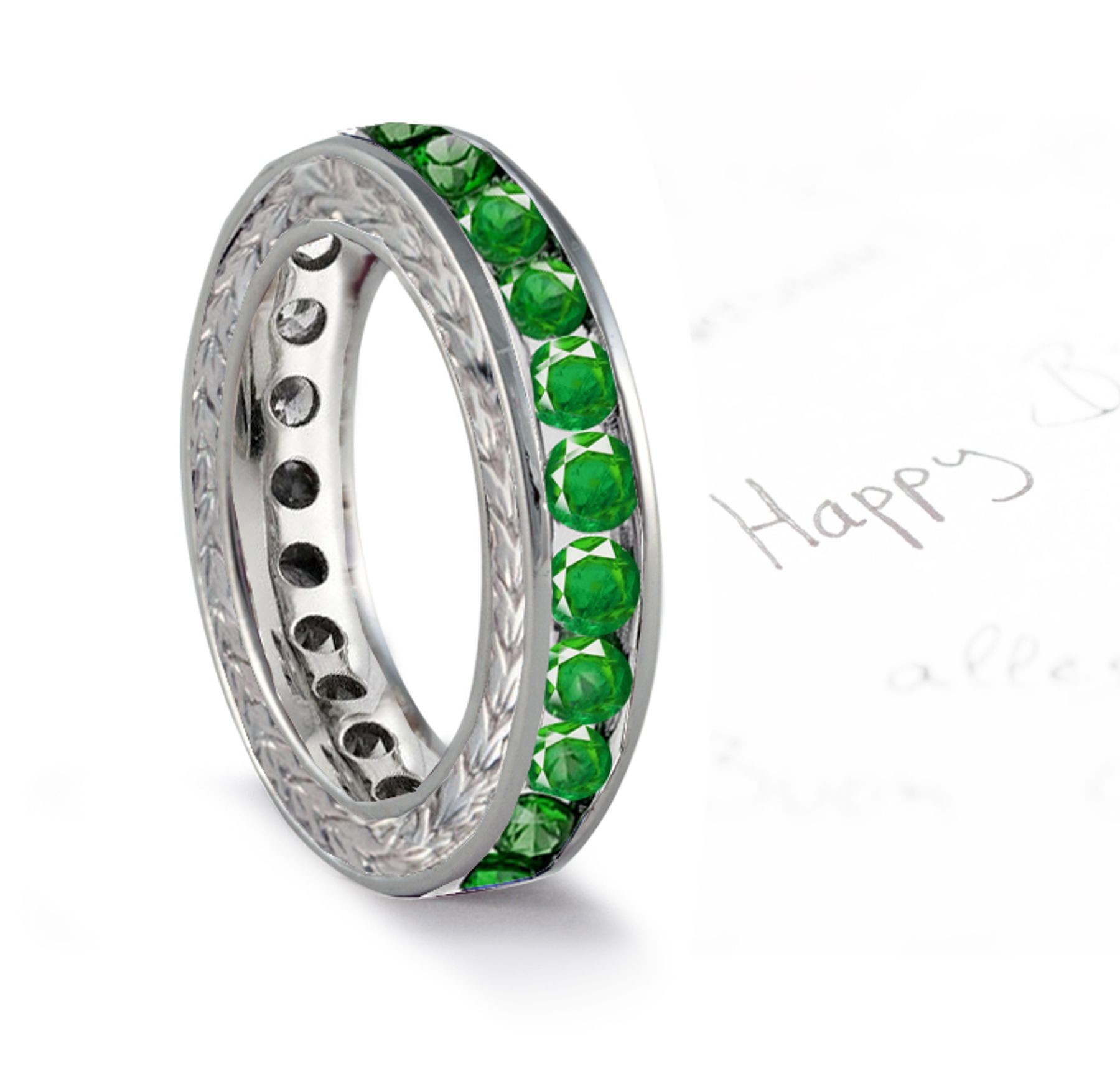 INDIVIDUAL AND UNIQUE: "Special Design" Full Emerald Engraved Band in Star Radiant White Gold