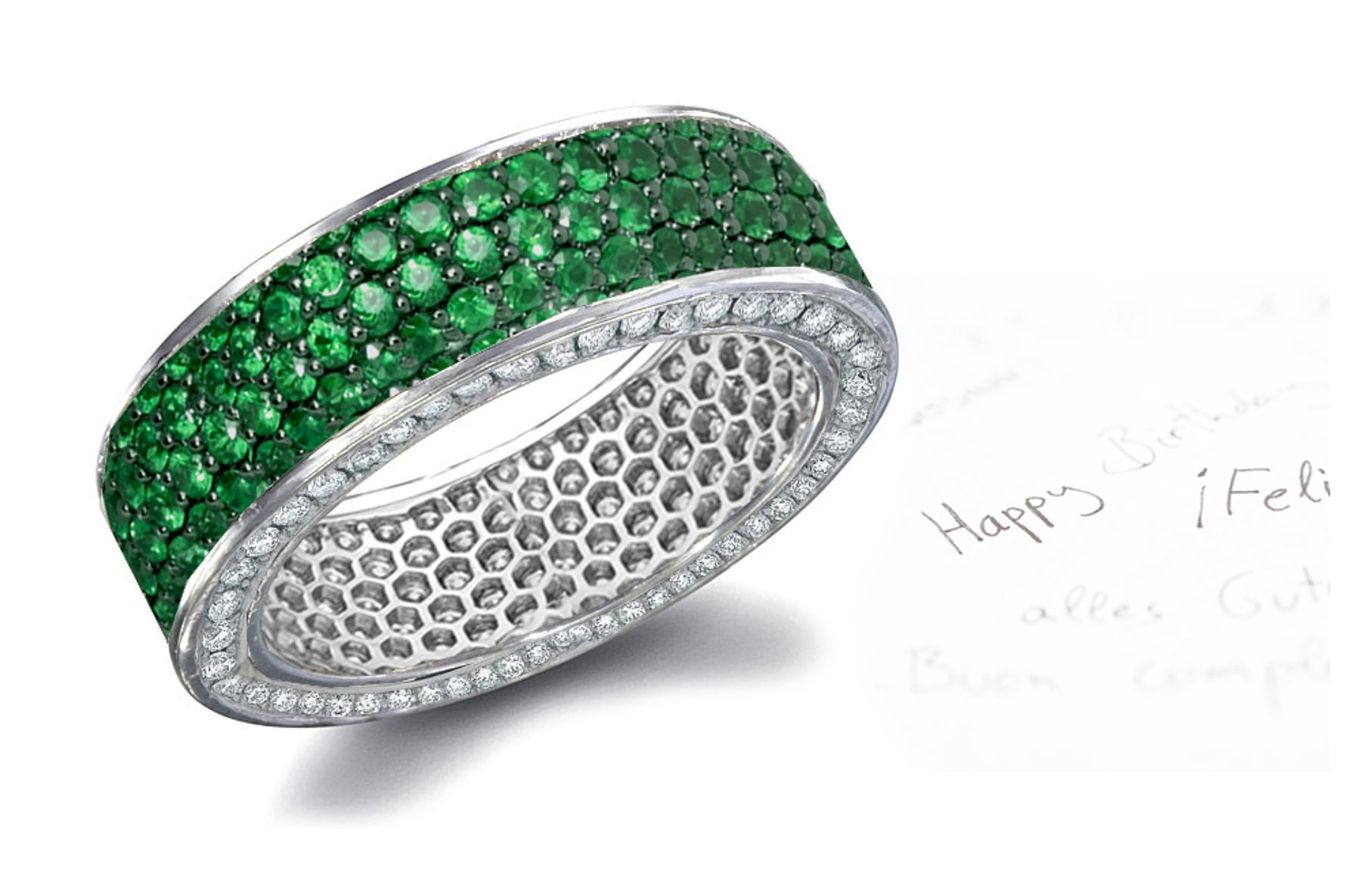 Delicate Design: FRENCH "Paved" Rich-Green Emerald & Diamond in Sun & Moon Lit Yellow White 14k Gold Ring