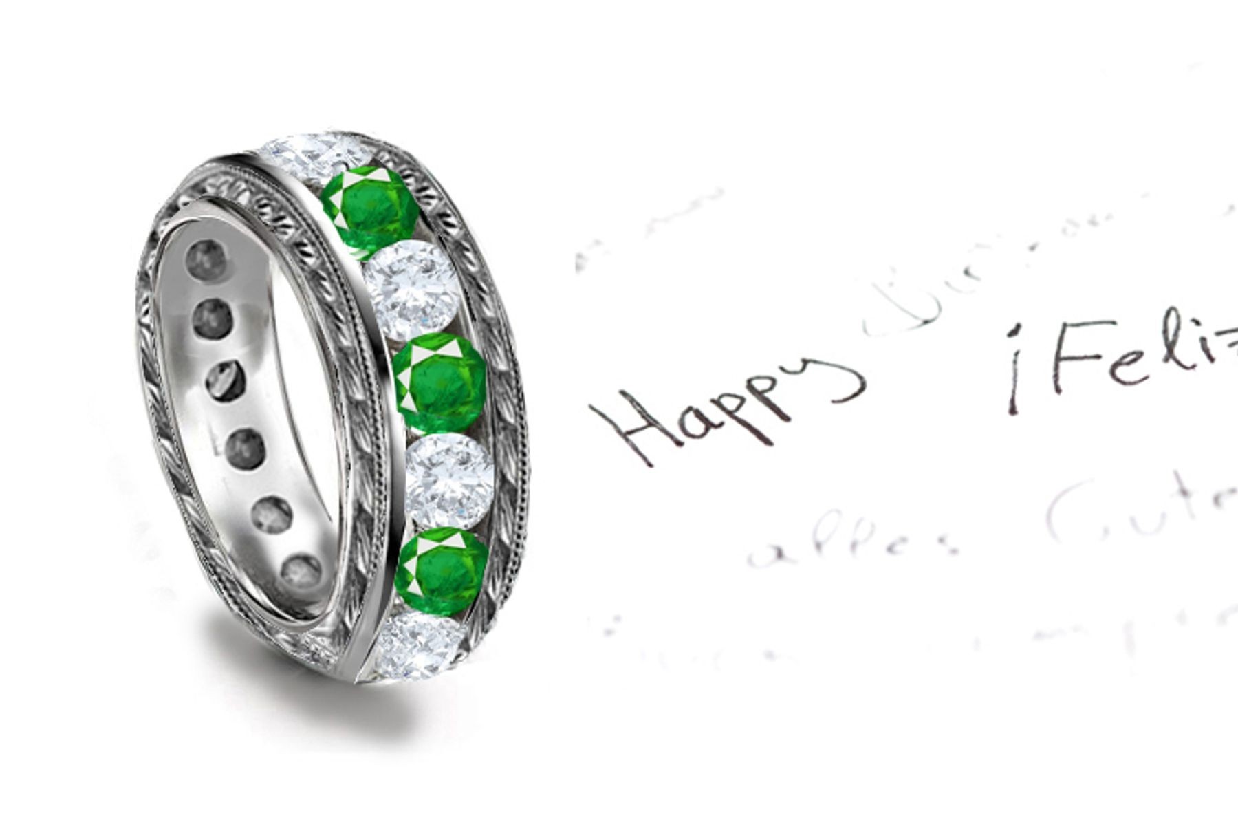 Rediscover Ancient: Victorian Foliate Scrolls & Motifs Diamond & Emerald & Gold Band with Bright Surfaces