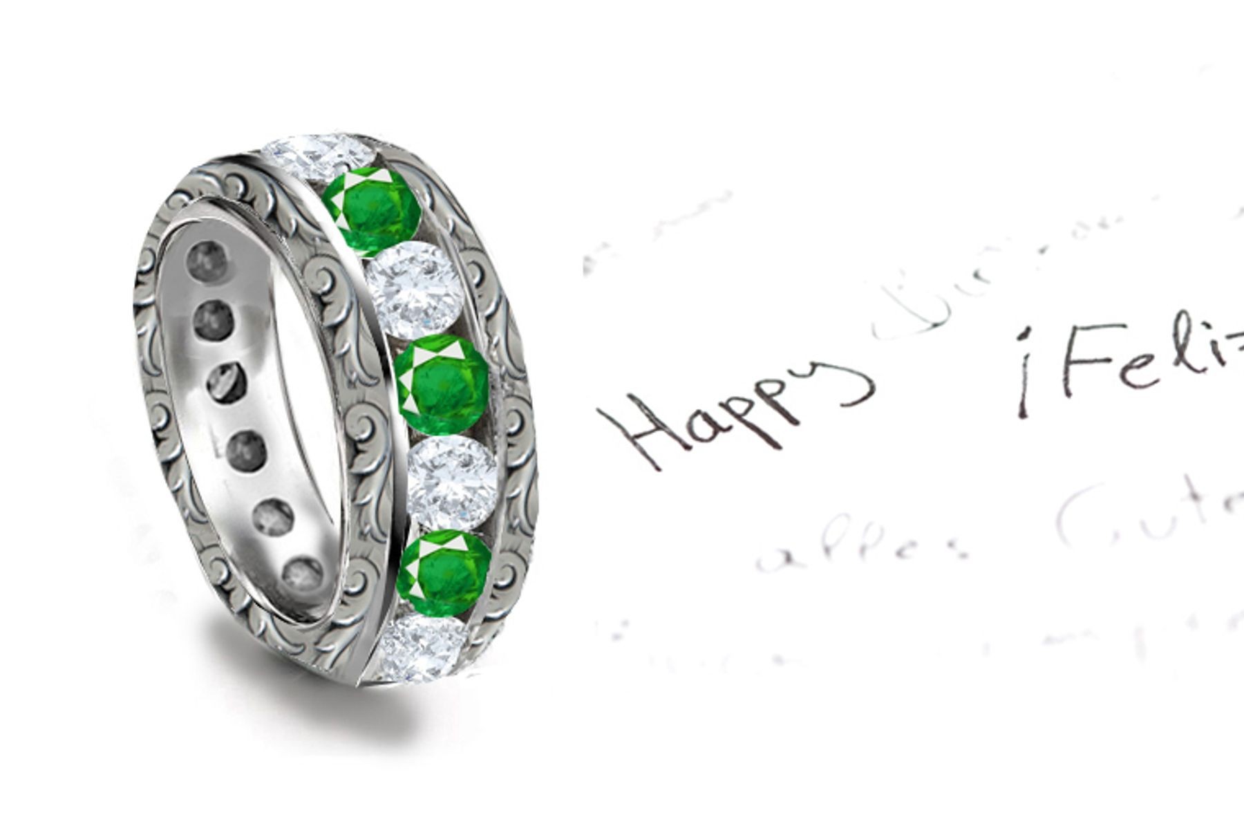 NEWEST DESIGN: Etched Leaf Scrolls & Motifs Diamond & Emerald Platinum Scroll Ring Voicing Love and Touch