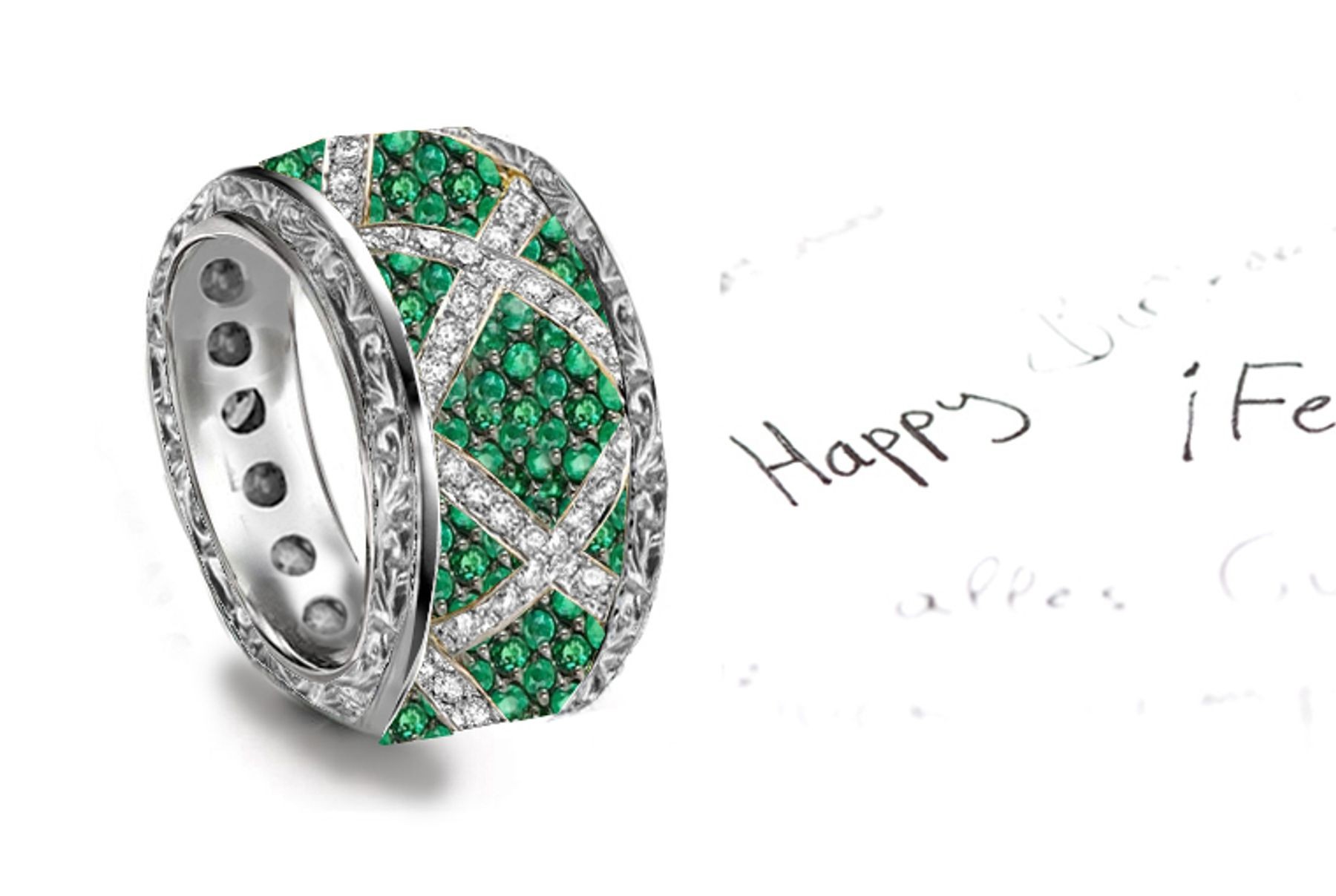 Unique DESIGN: 14k Gold Diamond Emerald Framed Lozenge Band in Platinum with the most brilliant green Emeralds