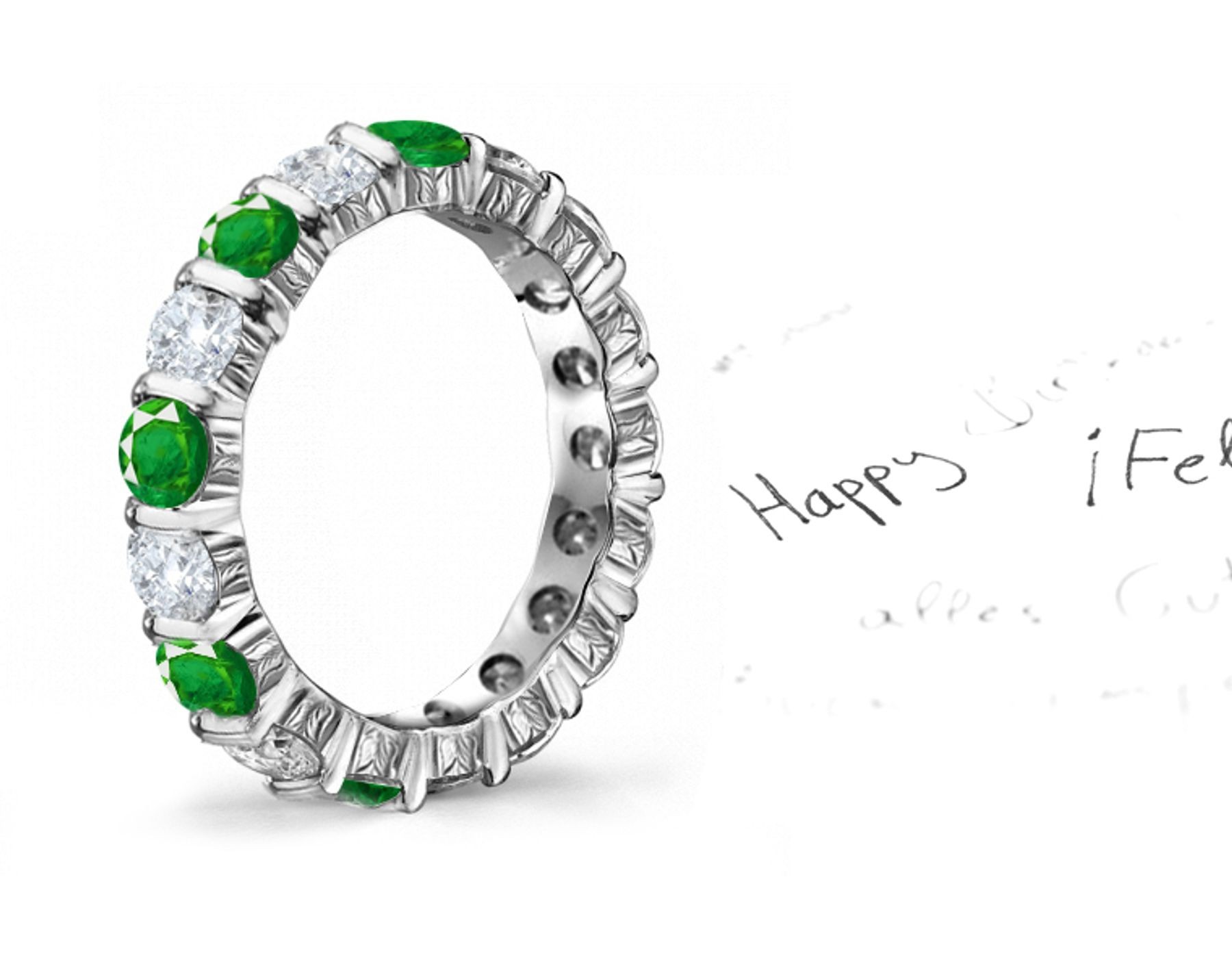 Deep & Translucent Gemstones: Floral Motif Engraved Diamond Emerald Designer Gold Wedding Eternity Ring