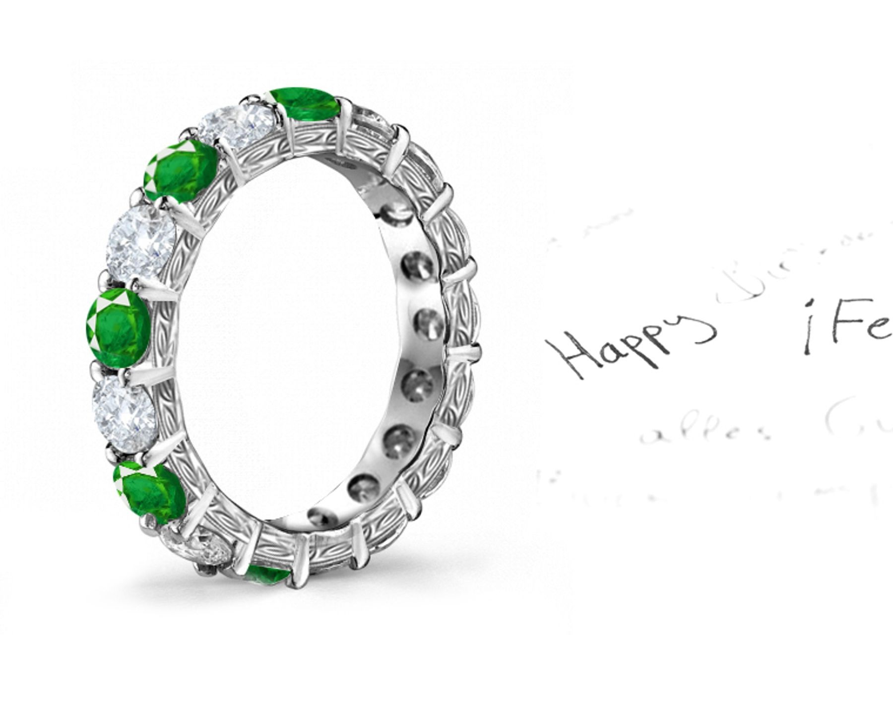 Wire Hand Engraved: Foliate Motif Hand Engraved Diamond & Emerald Gold Eternity Ring