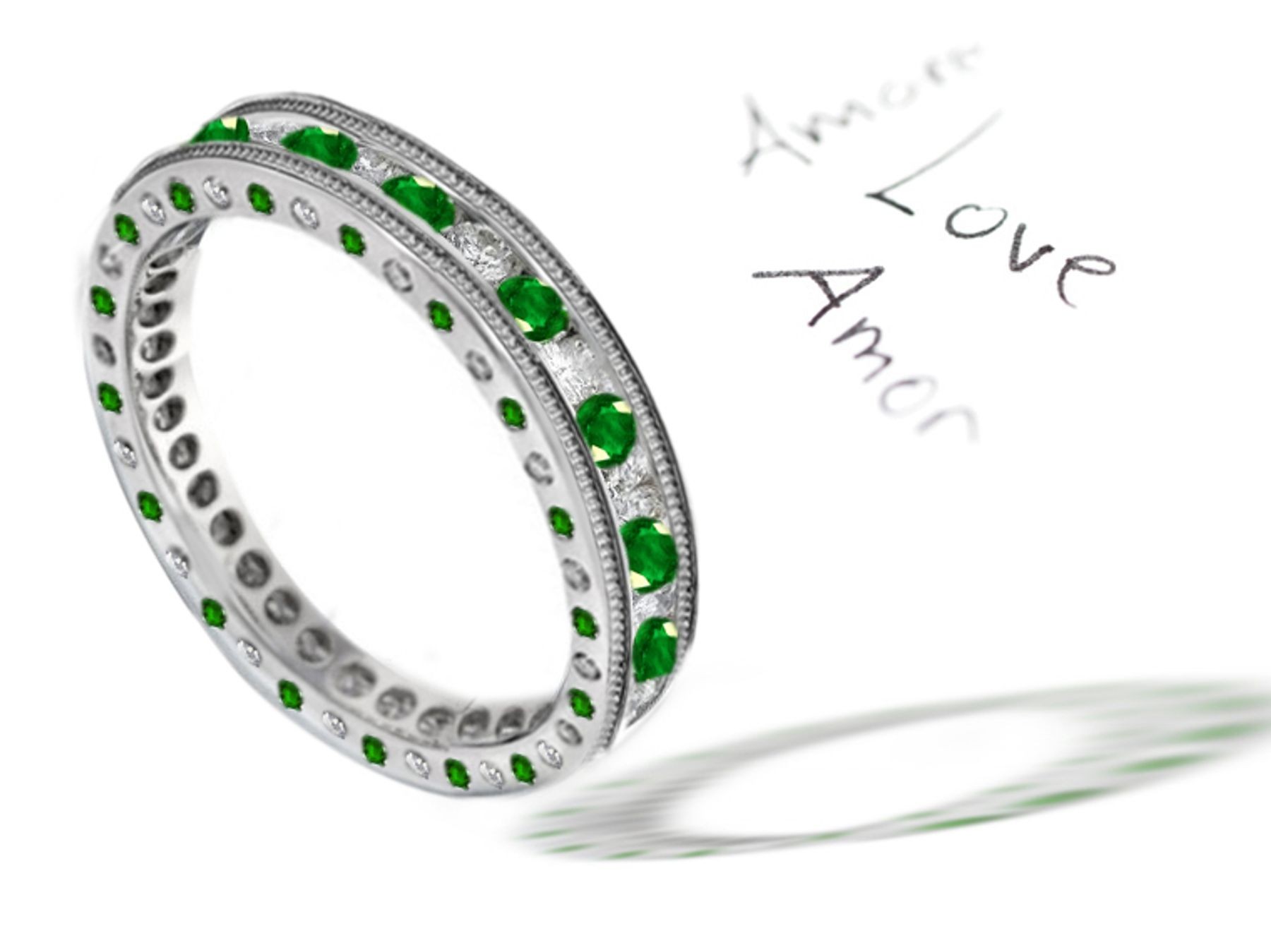 "Intricate Detailing Design": Rich Emerald Diamond Eternity Wedding Ring Reflected in Yellow Appear Green