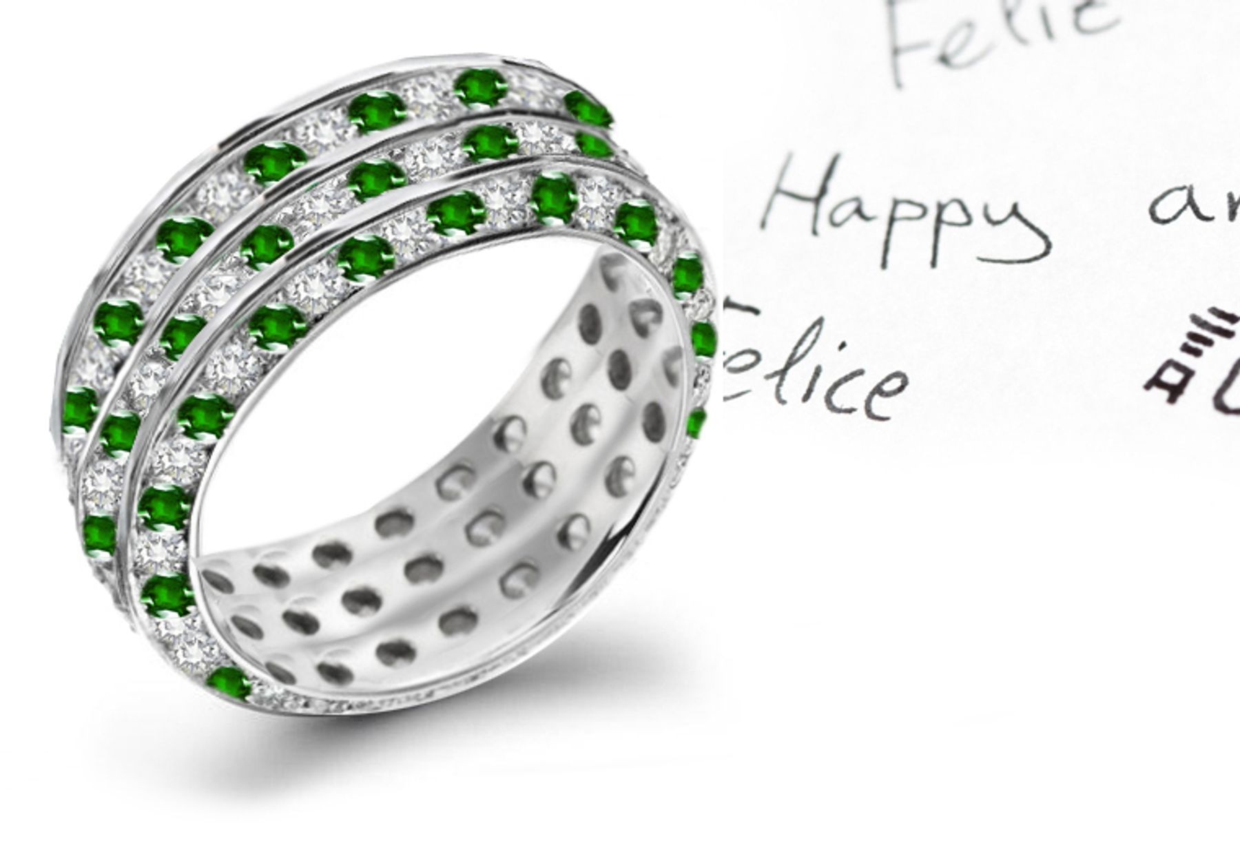 "Perfection in details": Endless Love Emerald Diamond Eternity Wedding Ring More Brightly Illuminated in Sun Light