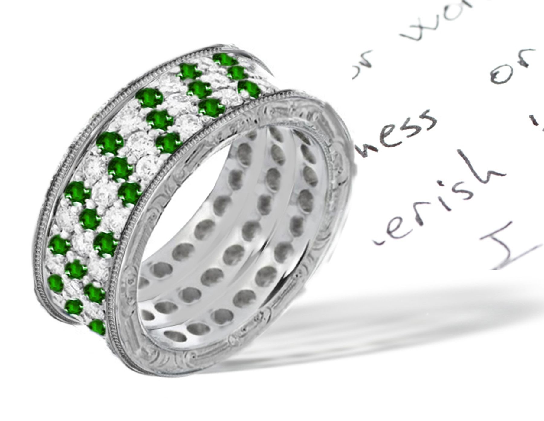 Popular Love Stories: Gold & Emerald Diamond Eternity Ring with Greens of Firs, Pines, Cypresses, Laurels