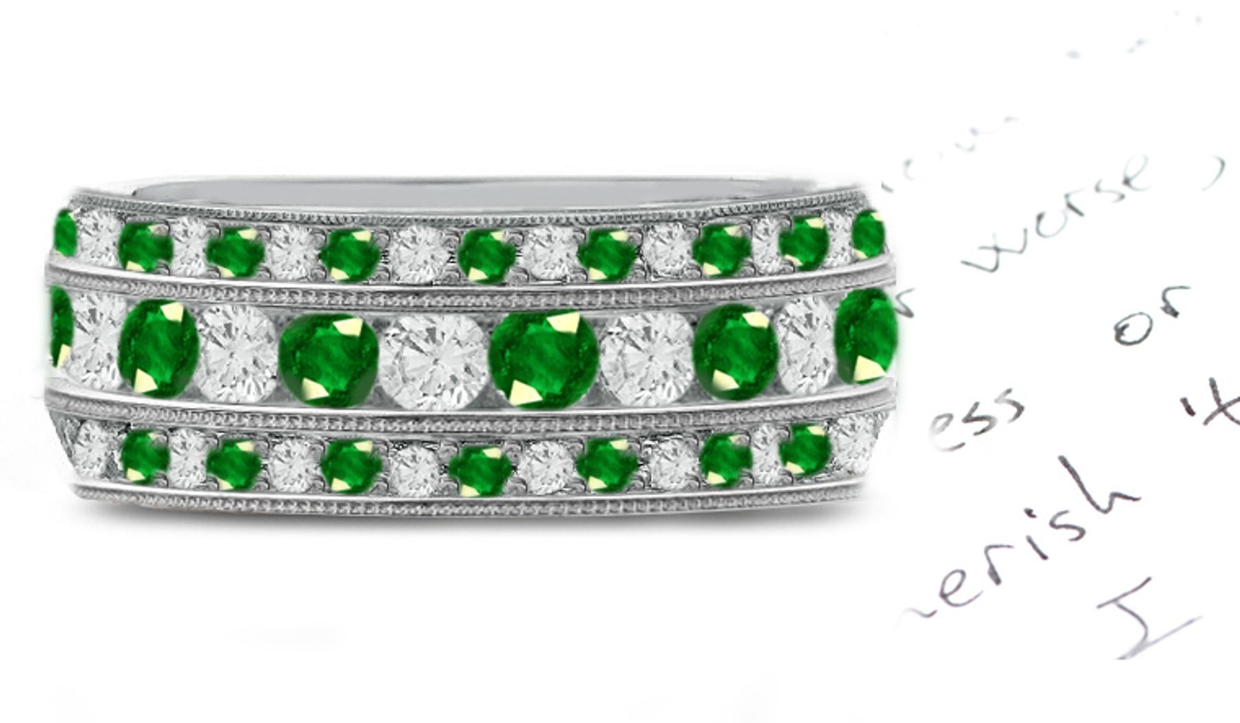 "Brilliant Fire": Emerald & Diamond Eternity Wedding Forever Band with Pears Shining Green Emeralds