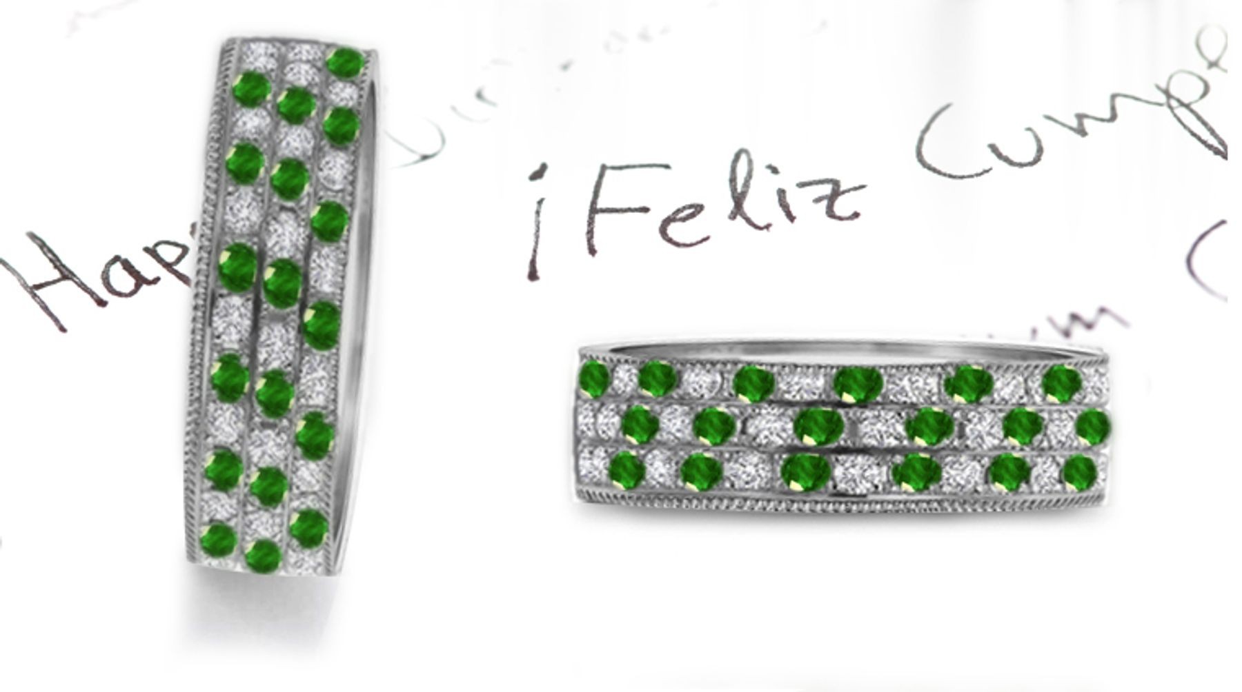 "Magic & Mystery": Triple Gold Emerald & Diamond Eternity Wedding Band with Most Brilliant Green Emeralds