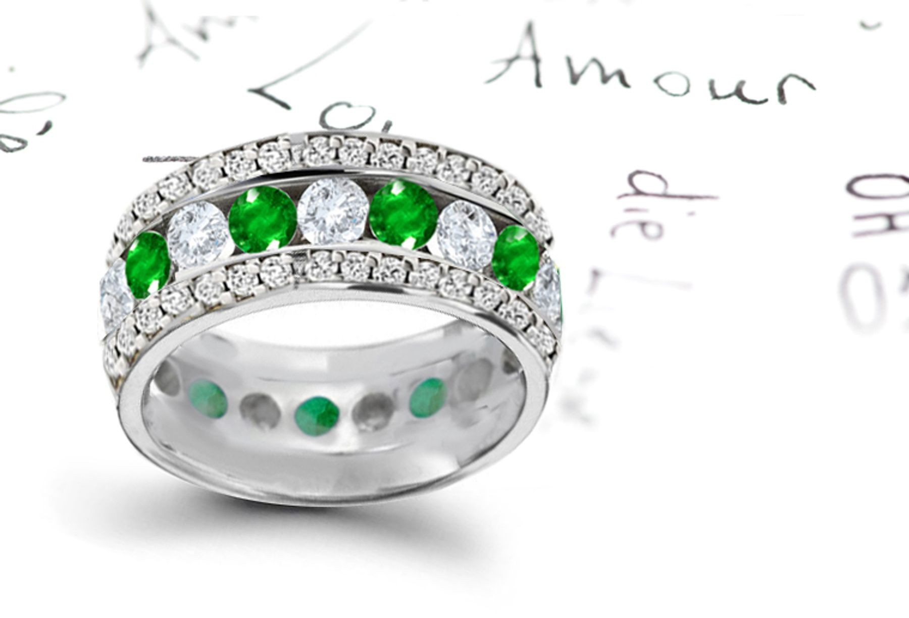 The Spell Will Endure: Triple Emerald Diamond Eternity Ring with Dark Green Velvety Emeralds