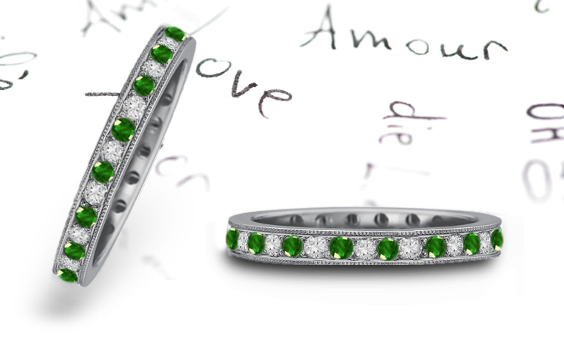 New Milgrain Edge: Gold Wire Decorated Emerald & Diamond Eternity Band with Brilliant Green of Cypress