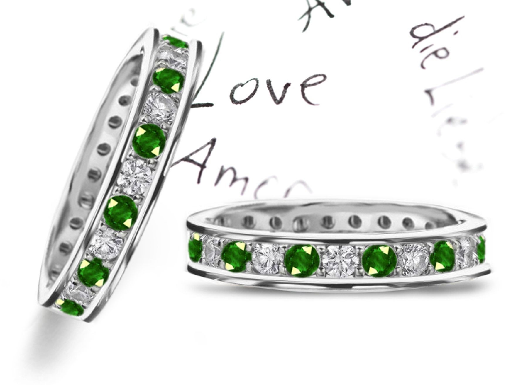 Shining & Gleaming: Prong Channel Set Emerald & Diamond Eternity Band in Gold with Brilliant Green of Olives