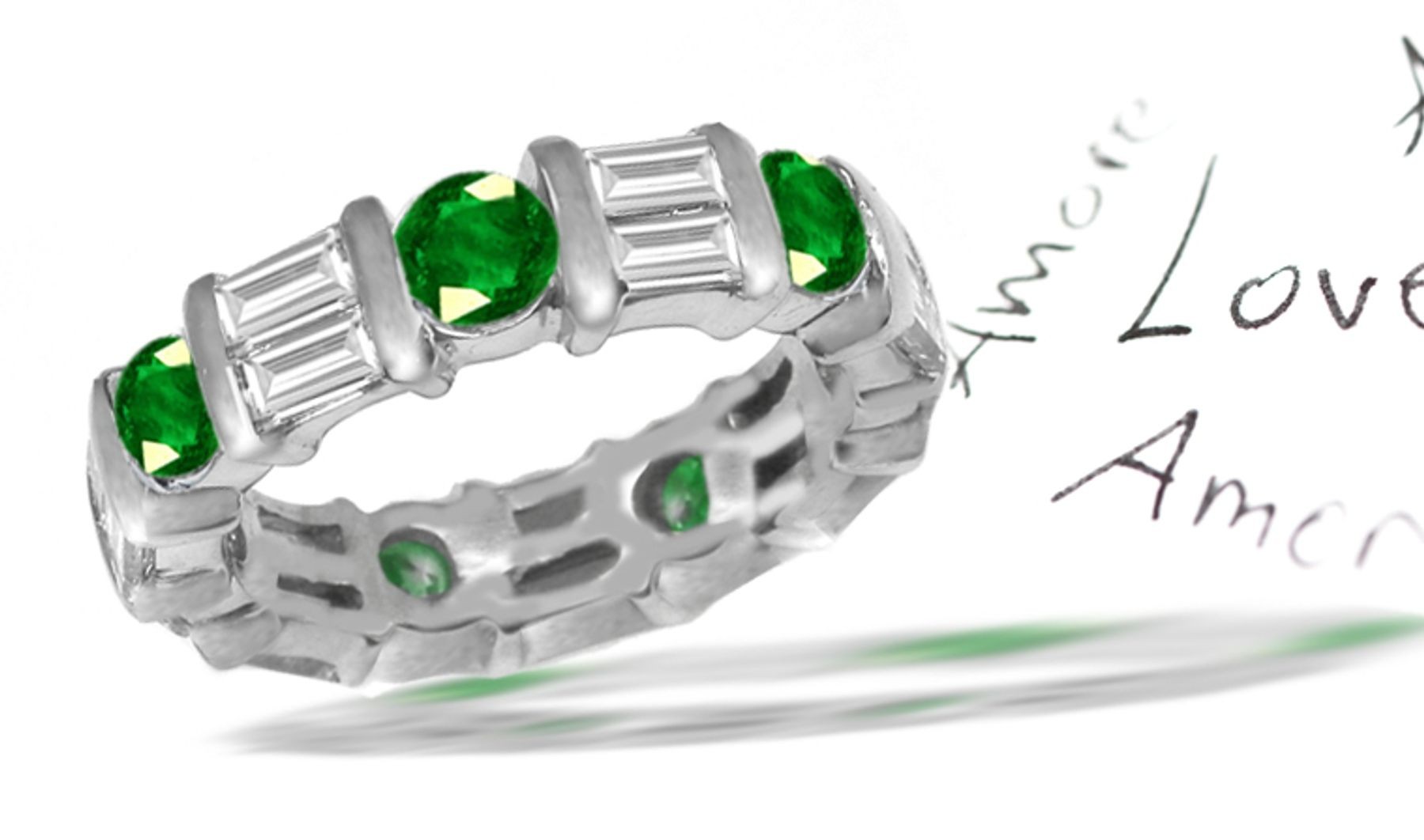 "Beautiful in Form": Gold Baguette Diamond & Emerald Eternity Ring with Green Appear Darker Blue