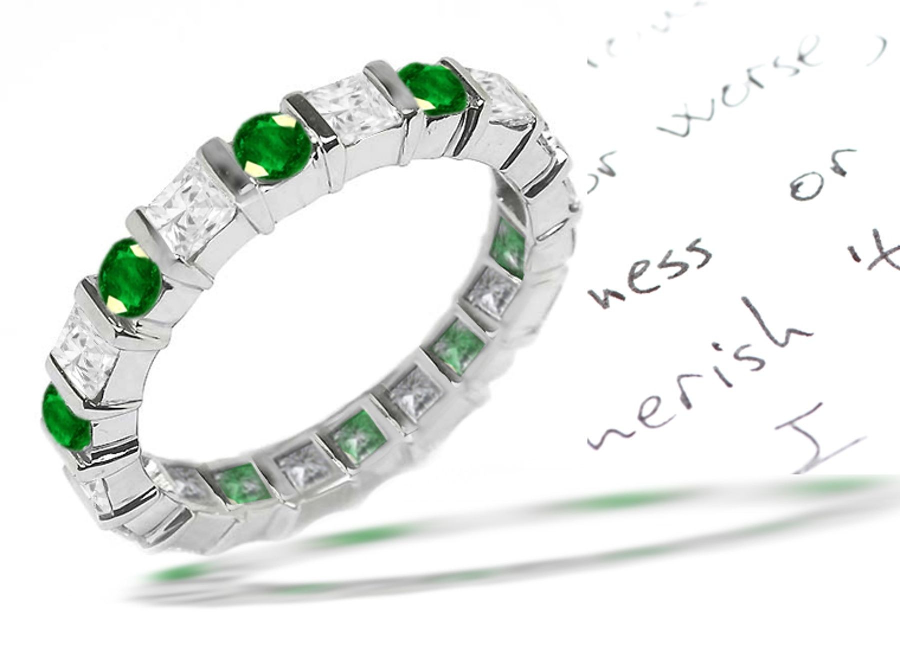"Elegant & Refined": Gold Princess Cut Diamond & Emerald Eternity Ring wuth Green Darker in Proportion