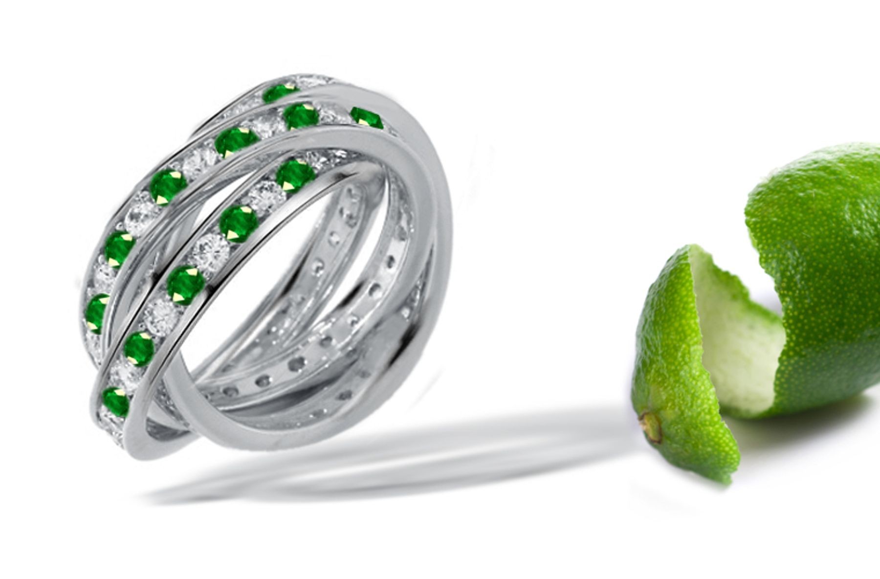 "Rolling Rings": Diamond & Emerald Eternity Triple Gold Rolling Ring with Green Darker in Proportion