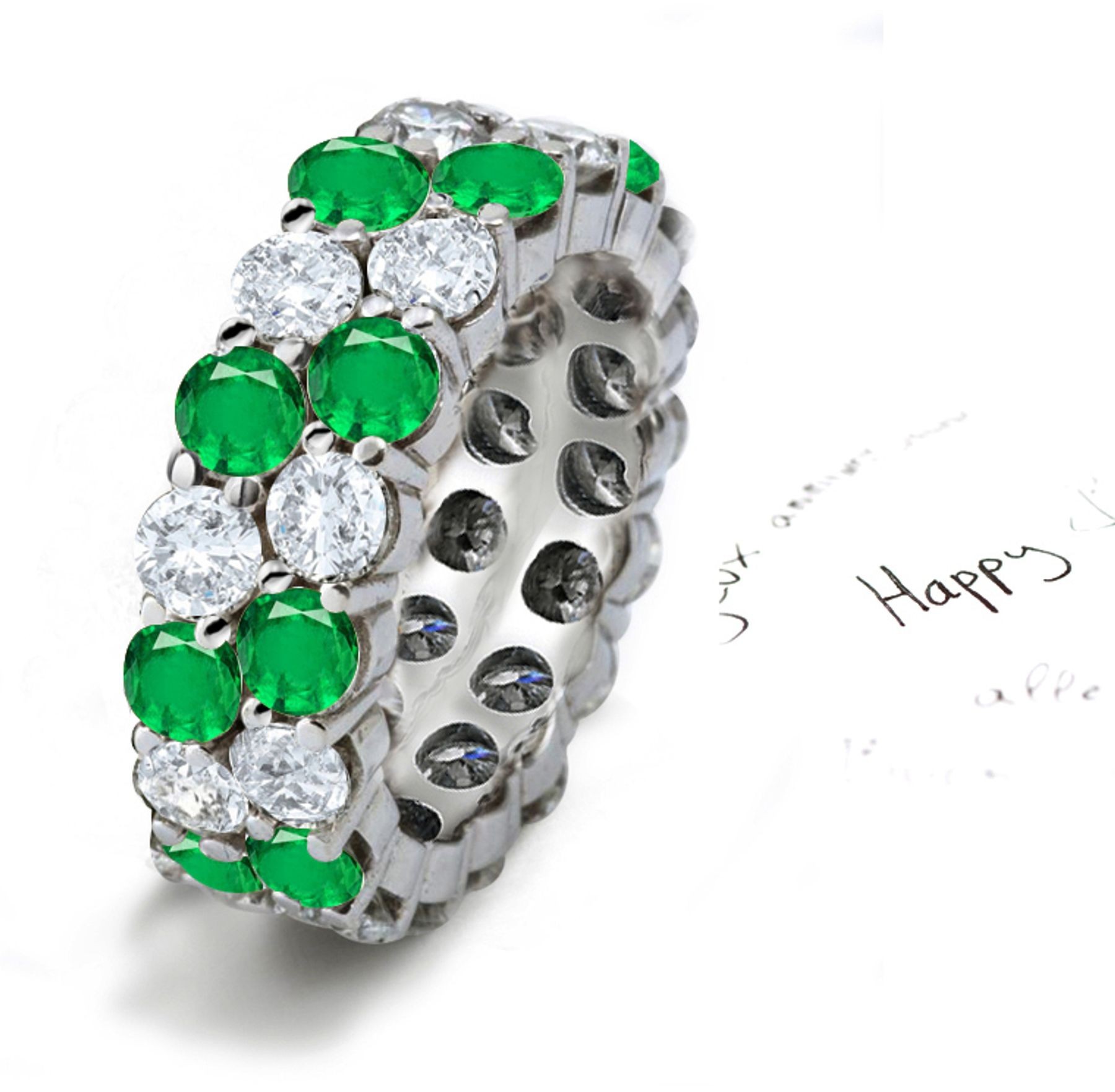 "Shining & Pure": Double Row Emerald Diamond Eternity Ring Illuminated by Brightness of The Sky
