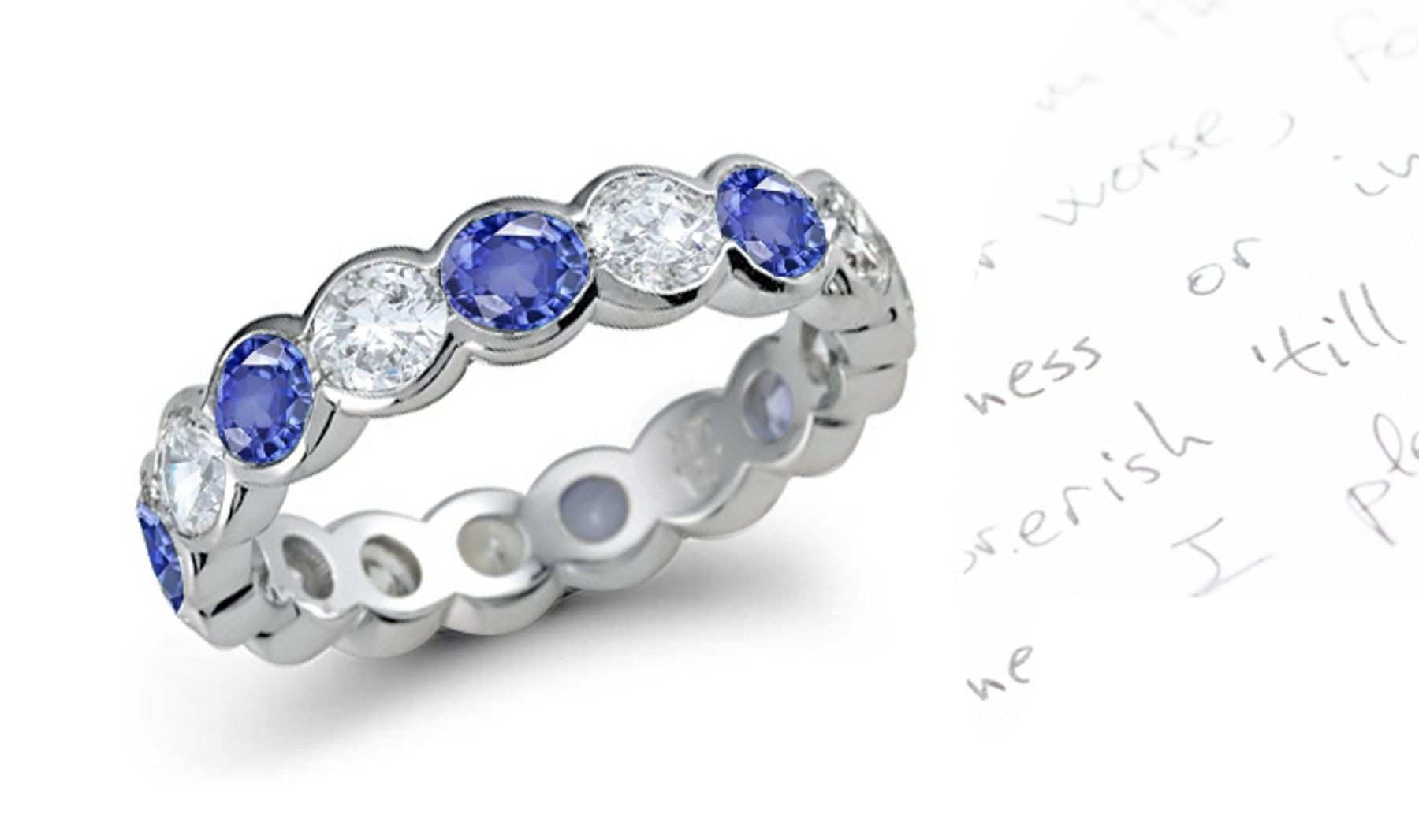 Bezel Set Round Blue Sapphire & Diamond Eternity Band Optic Doubly Refractive