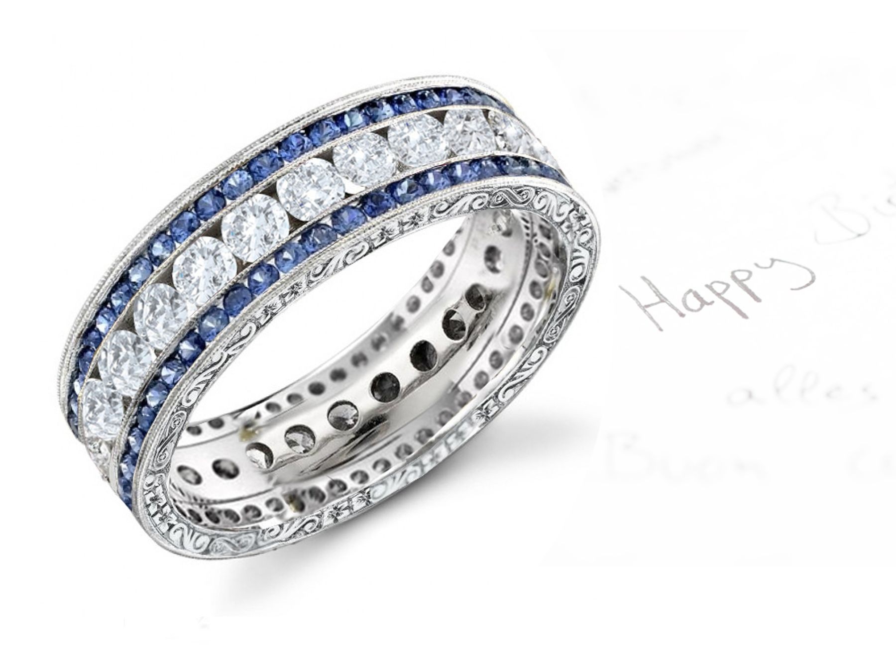 Custom-Made Large Sapphire & Sparkling Diamond Wedding Band in Gold