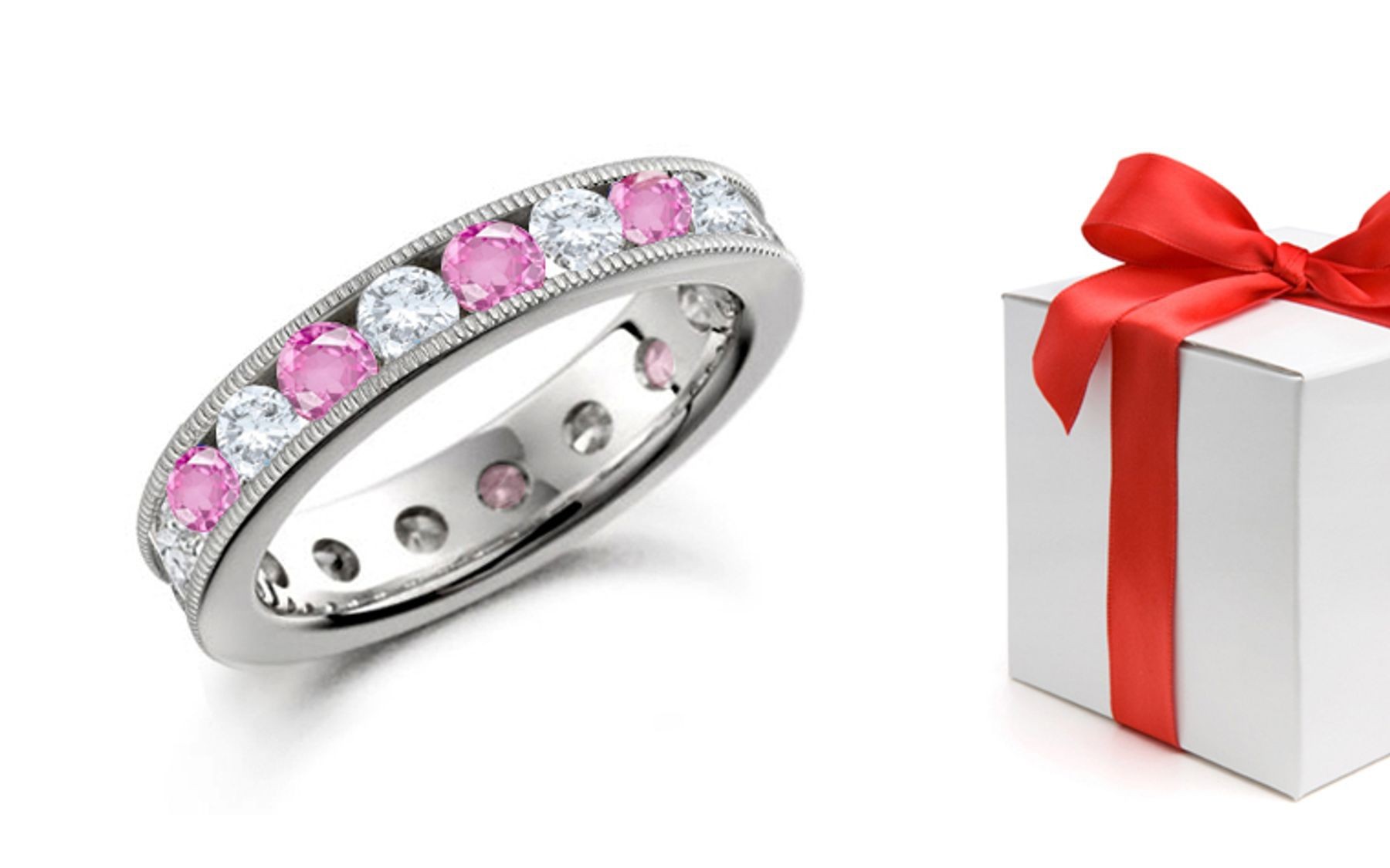 Shining & Pure: Milgrain Rare Deep Pink Sapphire Brilliant Diamond Wedding Ring. Fine Blue Color Iron and Titanium