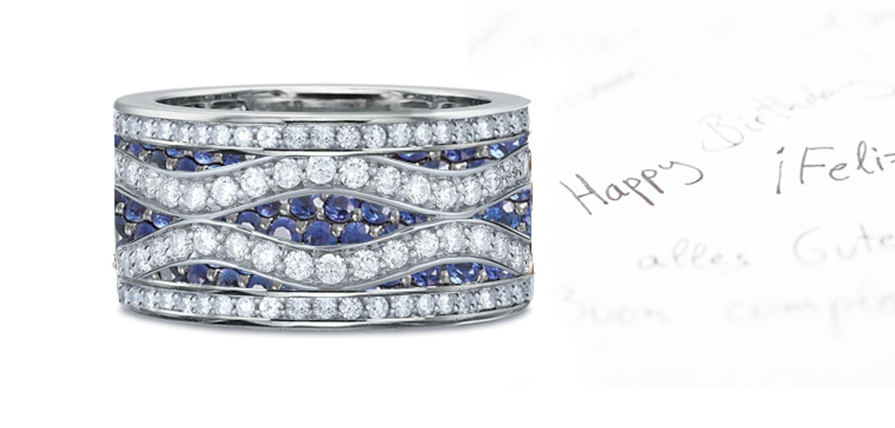 7 mm Wide Sapphire Diamond Two Wave Pattern Ring