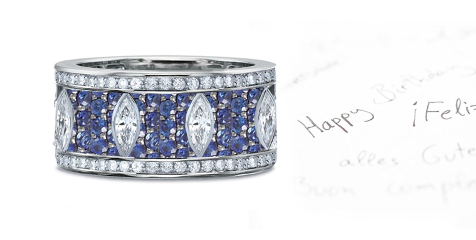 6 mm Wide Sapphire Marquise Pattern Diamond Filled Ring