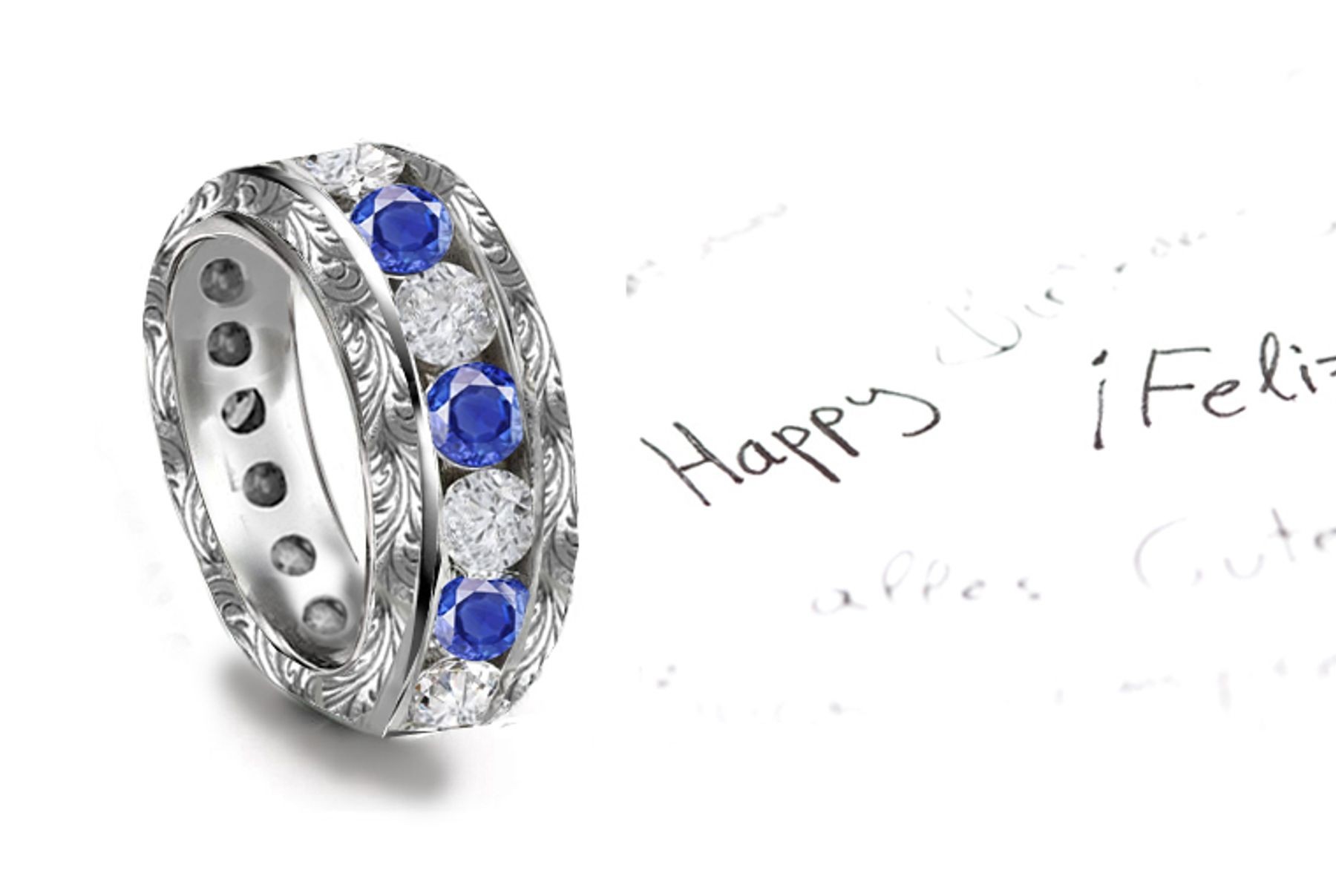 High Quality Twinkling Diamonds & Facetted Sapphires are set across in middle of the ring