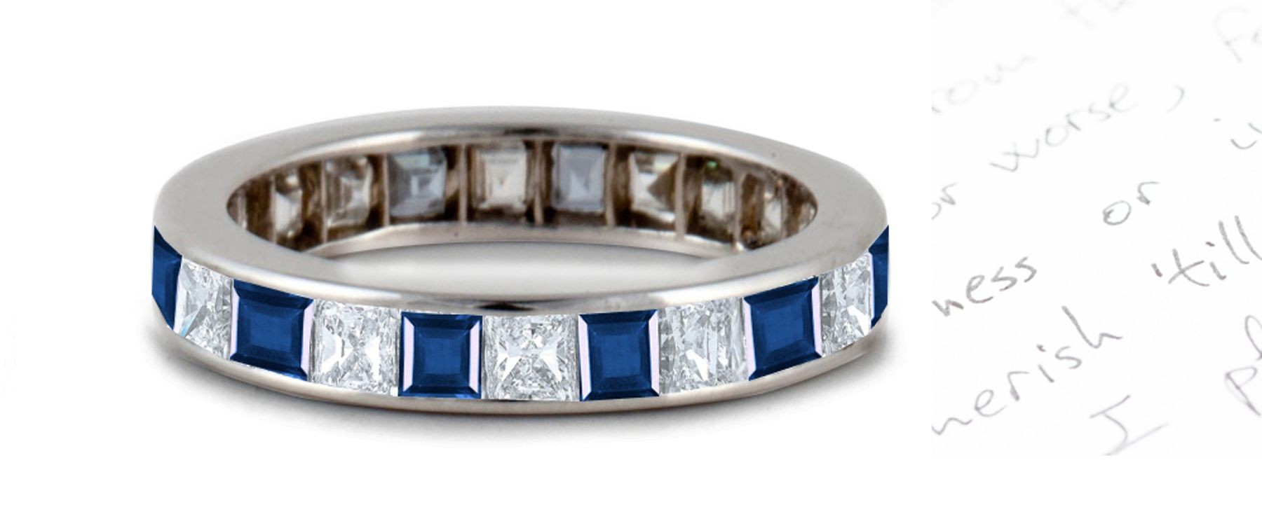 Platinum Channel Set Square Sapphire and Diamond Gemstone Wedding Ring